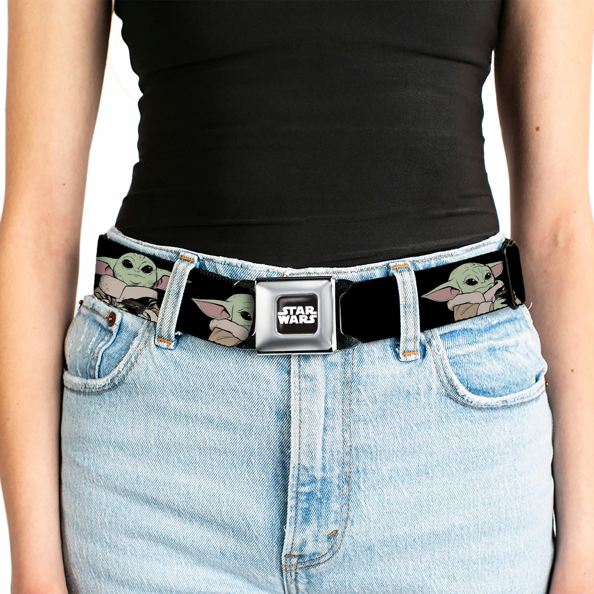 STAR WARS Title Logo Full Color Black/White Seatbelt Belt - Star Wars The Mandalorian The Child Grogu Sipping Soup Poses Black Webbing