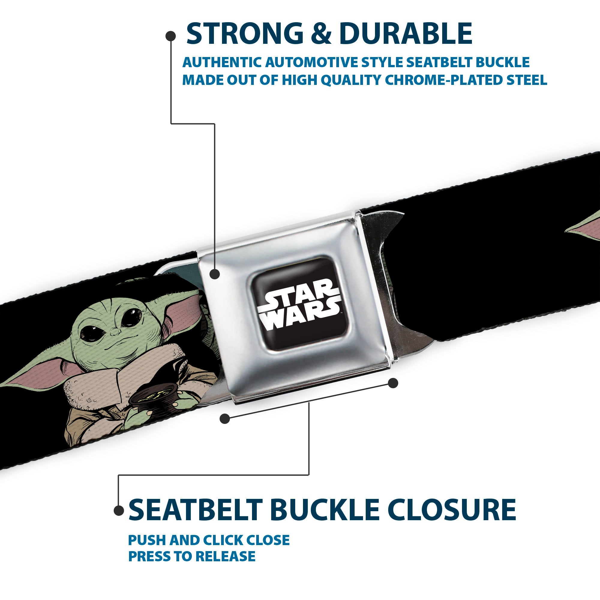 STAR WARS Title Logo Full Color Black/White Seatbelt Belt - Star Wars The Mandalorian The Child Grogu Sipping Soup Poses Black Webbing