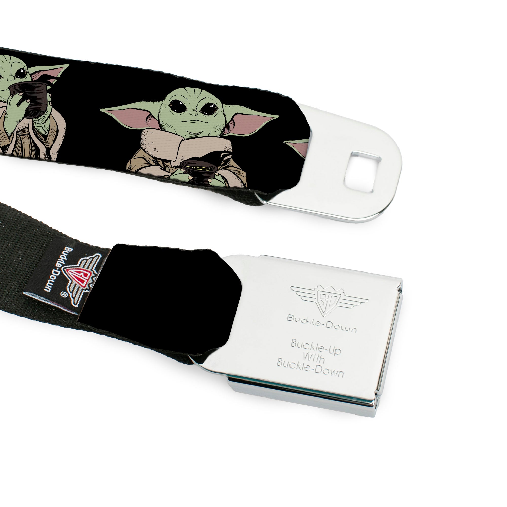 STAR WARS Title Logo Full Color Black/White Seatbelt Belt - Star Wars The Mandalorian The Child Grogu Sipping Soup Poses Black Webbing