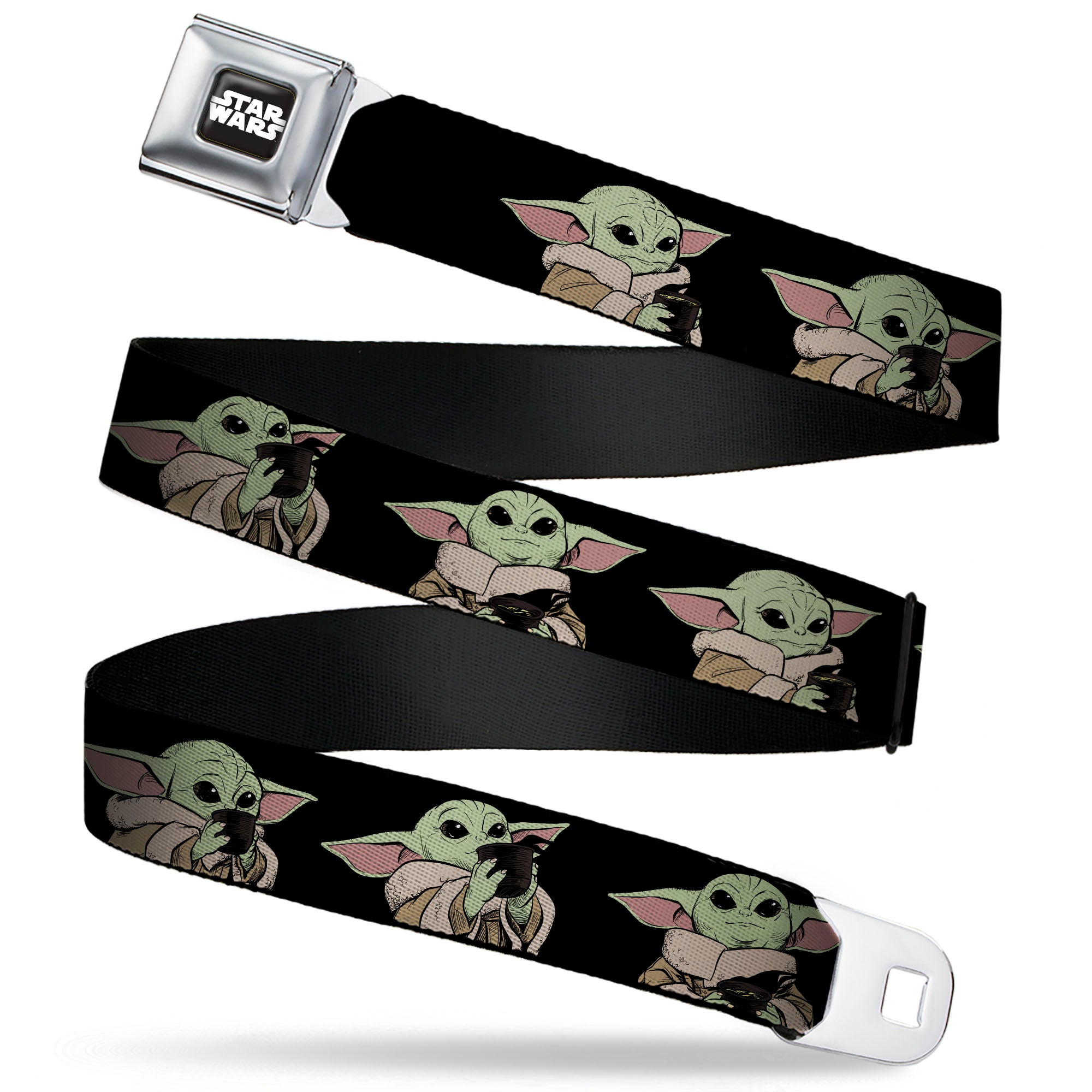 STAR WARS Title Logo Full Color Black/White Seatbelt Belt - Star Wars The Mandalorian The Child Grogu Sipping Soup Poses Black Webbing