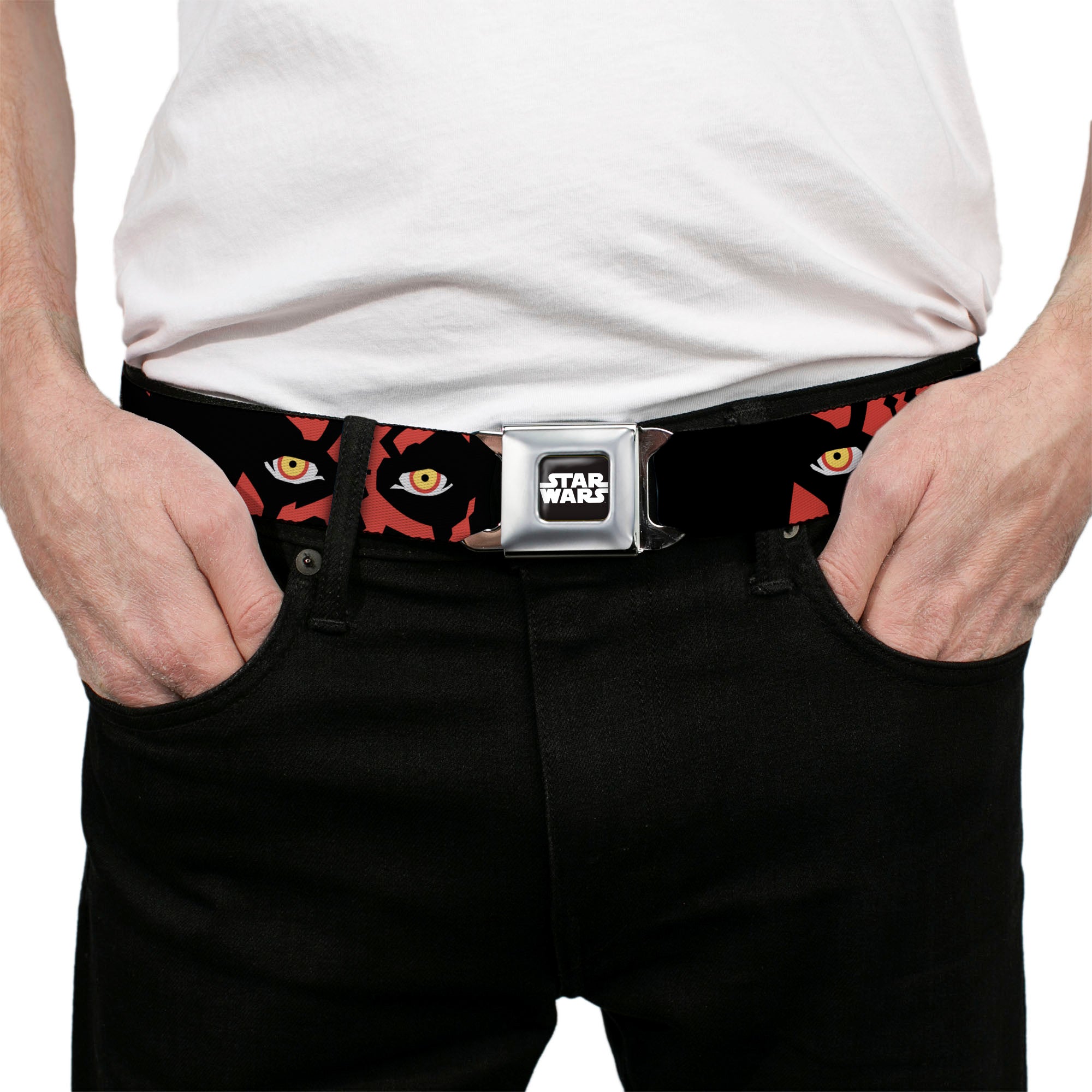 STAR WARS Title Logo Full Color Black/White Seatbelt Belt - Star Wars Revenge of the Sith Darth Maul Eyes Black/Red Webbing