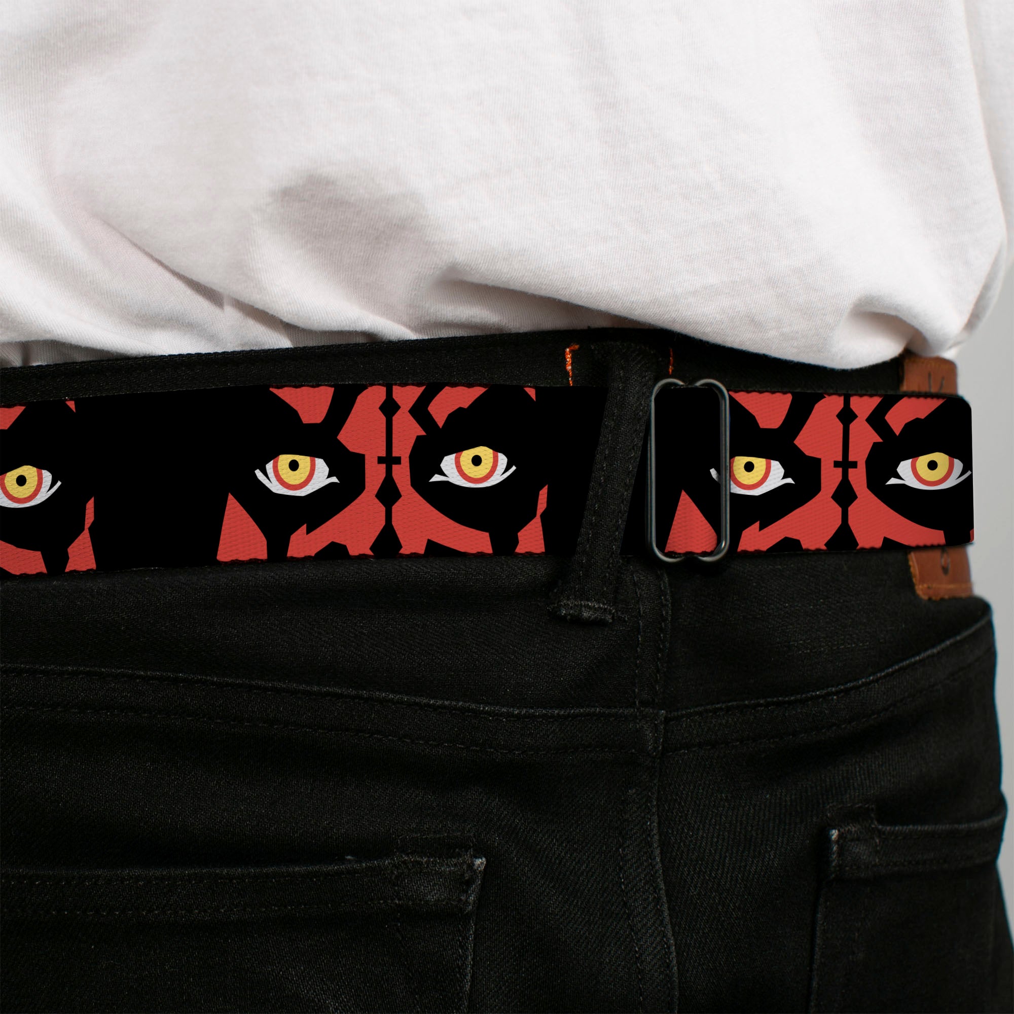 STAR WARS Title Logo Full Color Black/White Seatbelt Belt - Star Wars Revenge of the Sith Darth Maul Eyes Black/Red Webbing