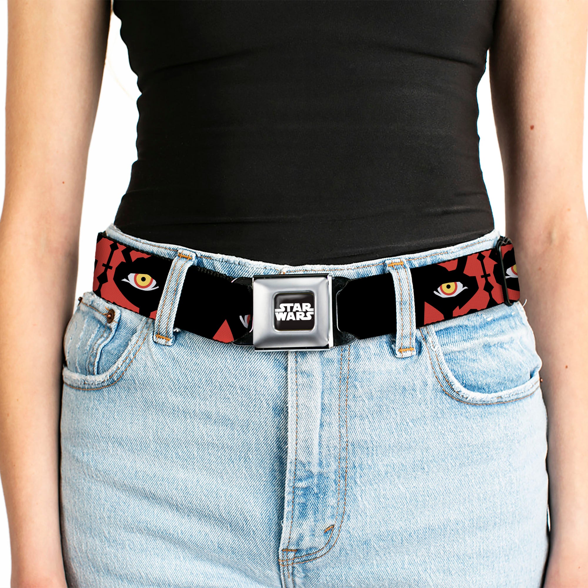 STAR WARS Title Logo Full Color Black/White Seatbelt Belt - Star Wars Revenge of the Sith Darth Maul Eyes Black/Red Webbing
