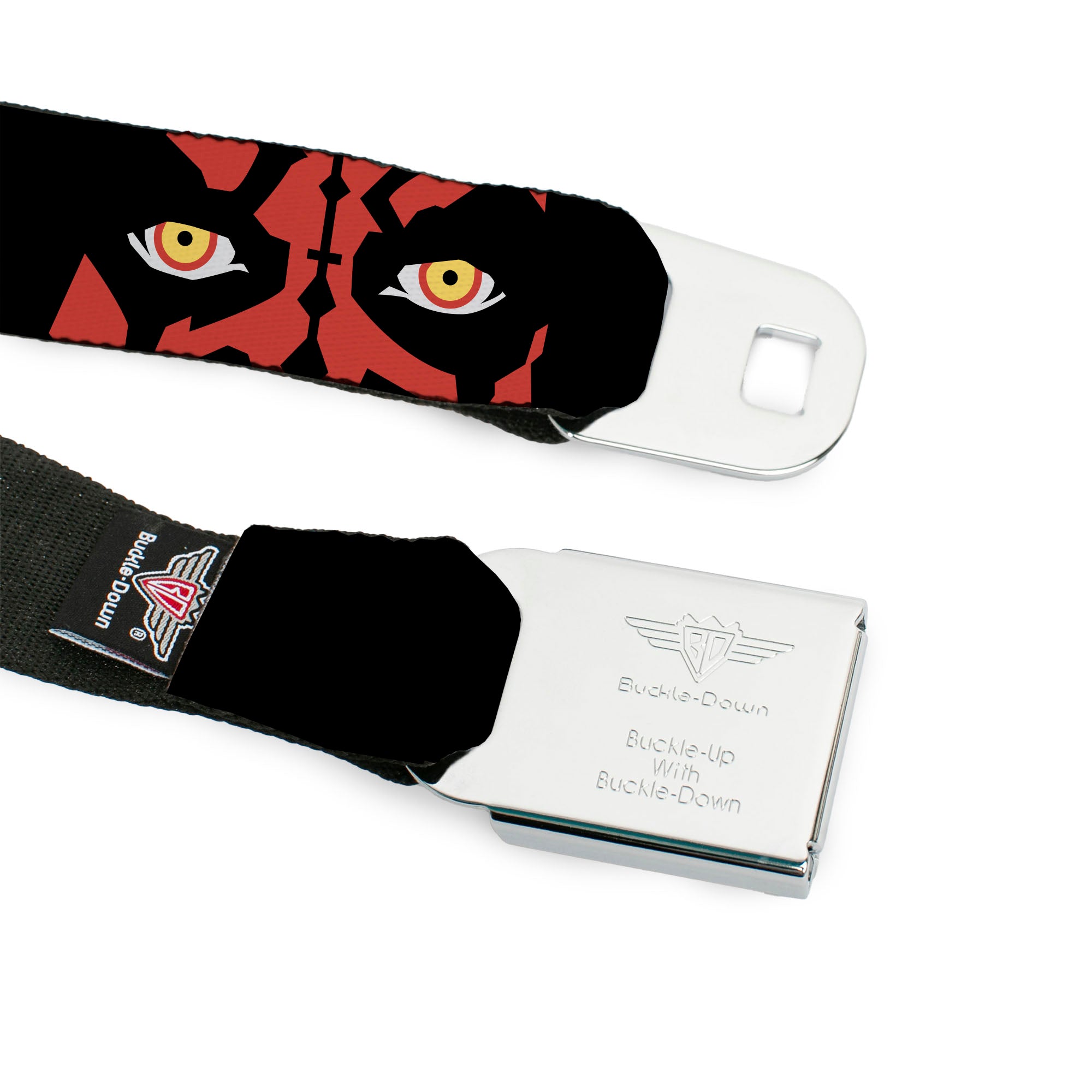 STAR WARS Title Logo Full Color Black/White Seatbelt Belt - Star Wars Revenge of the Sith Darth Maul Eyes Black/Red Webbing