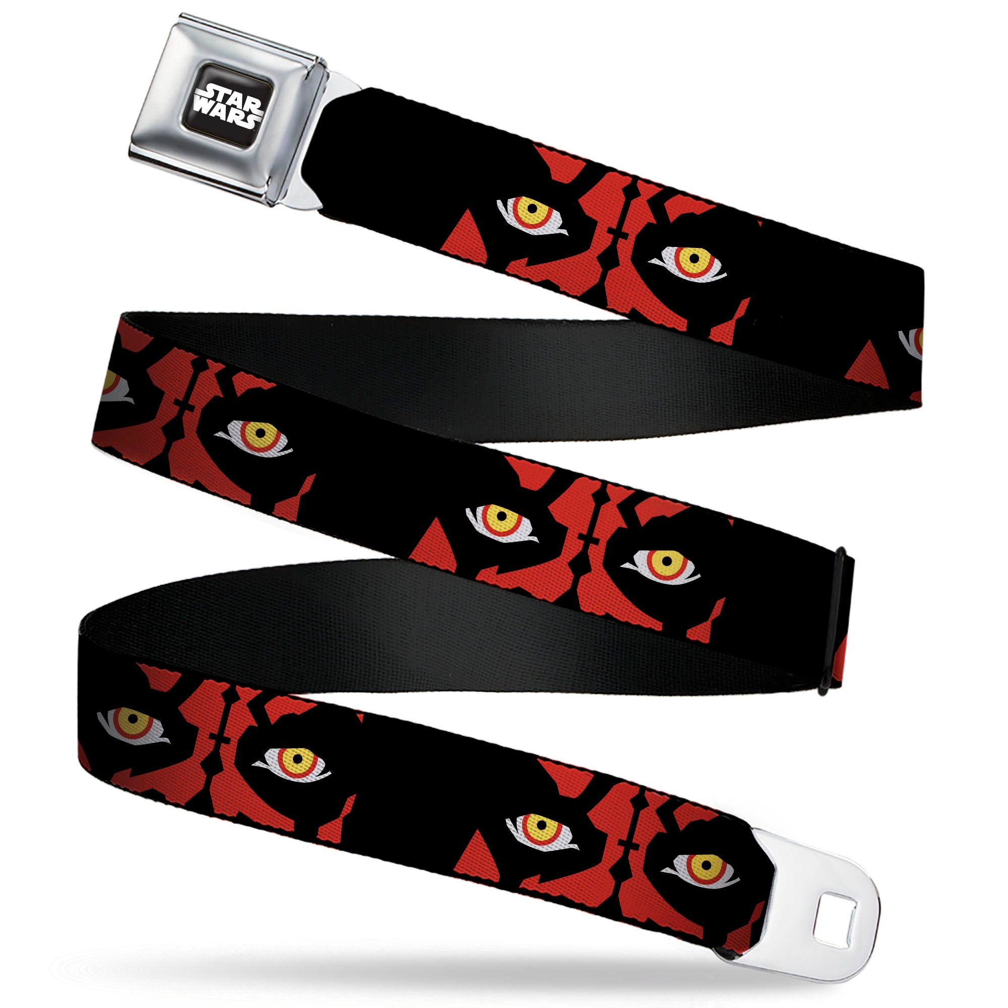STAR WARS Title Logo Full Color Black/White Seatbelt Belt - Star Wars Revenge of the Sith Darth Maul Eyes Black/Red Webbing