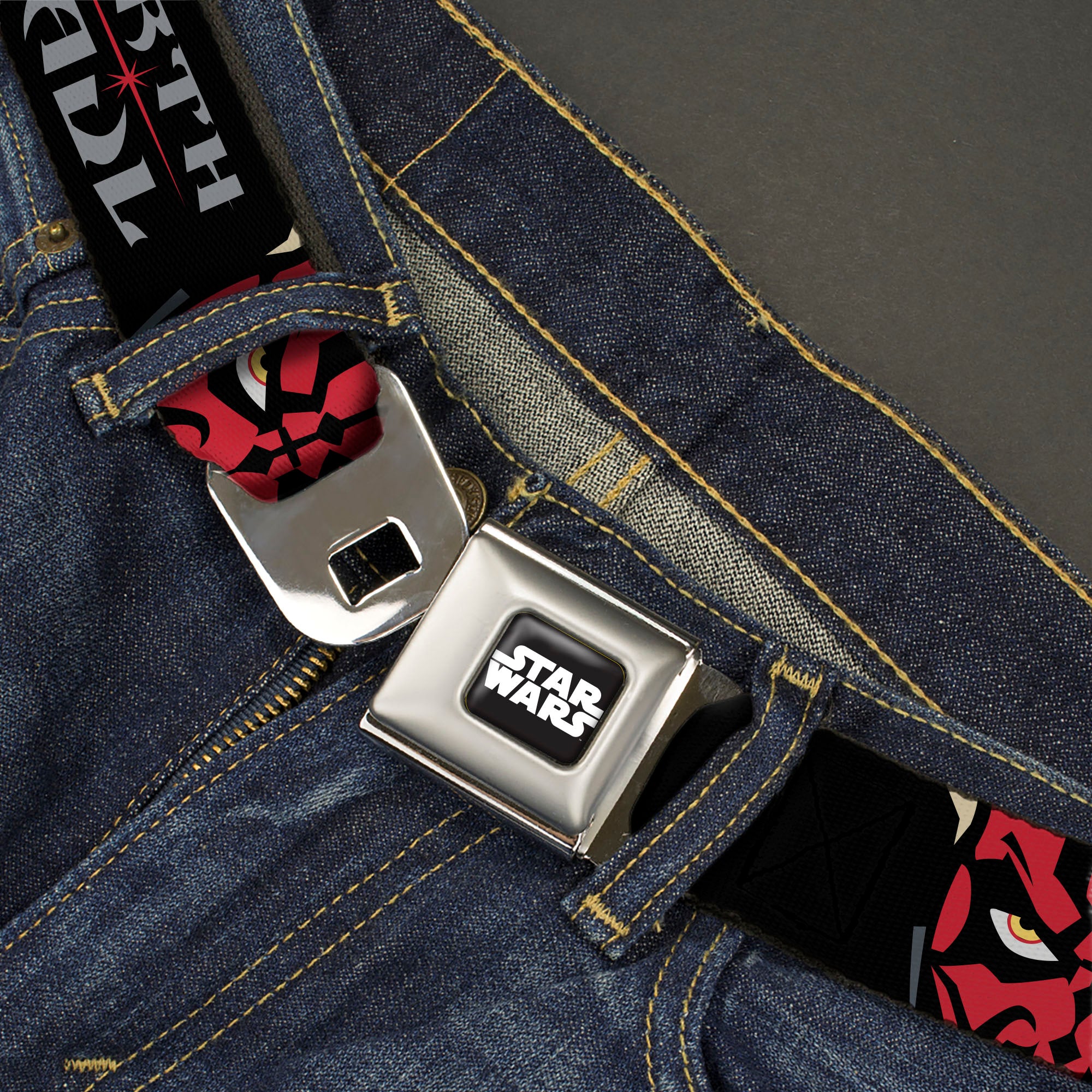 STAR WARS Title Logo Full Color Black/White Seatbelt Belt - Star Wars Revenge of the Sith DARTH MAUL Eyes and Text Black/Red/Gray Webbing