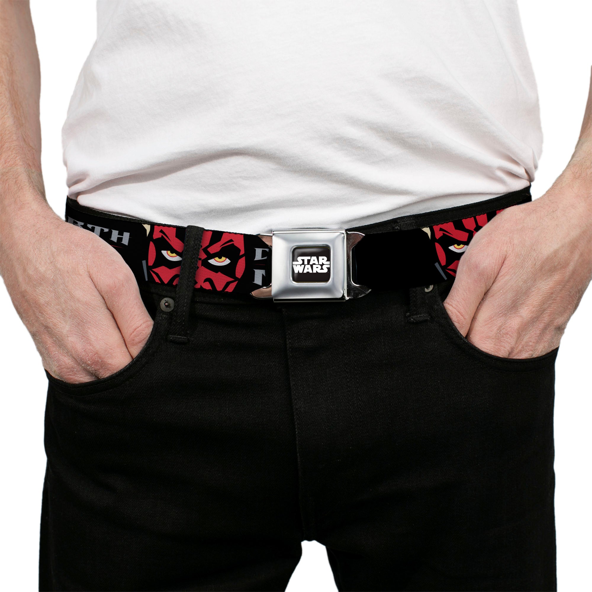 STAR WARS Title Logo Full Color Black/White Seatbelt Belt - Star Wars Revenge of the Sith DARTH MAUL Eyes and Text Black/Red/Gray Webbing