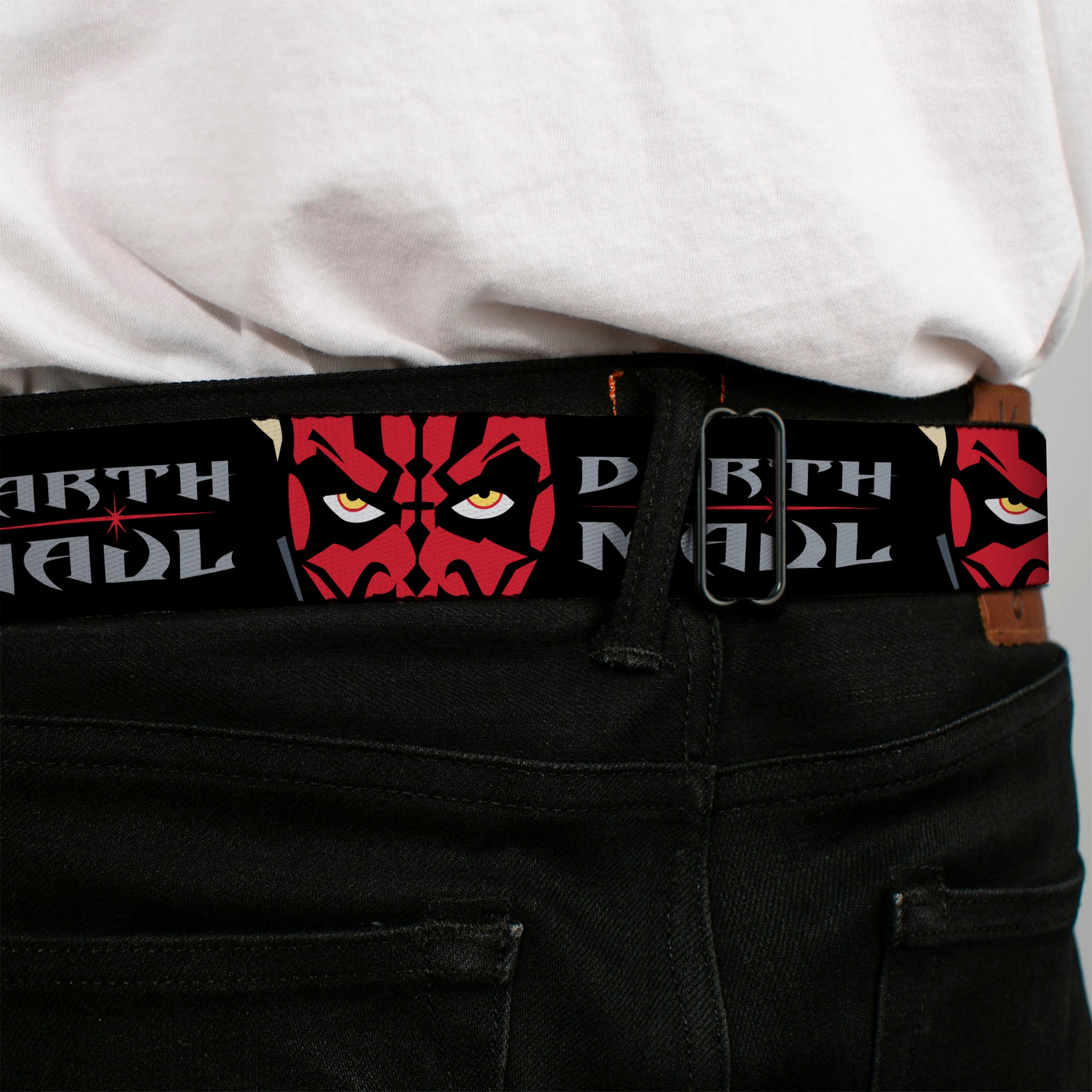 STAR WARS Title Logo Full Color Black/White Seatbelt Belt - Star Wars Revenge of the Sith DARTH MAUL Eyes and Text Black/Red/Gray Webbing
