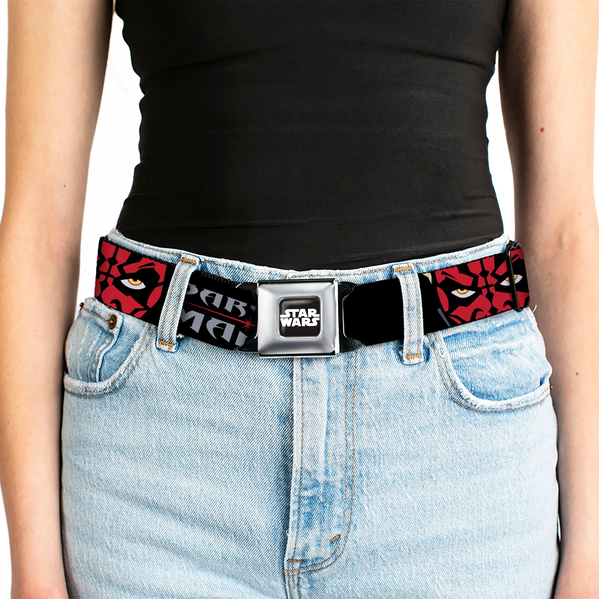 STAR WARS Title Logo Full Color Black/White Seatbelt Belt - Star Wars Revenge of the Sith DARTH MAUL Eyes and Text Black/Red/Gray Webbing