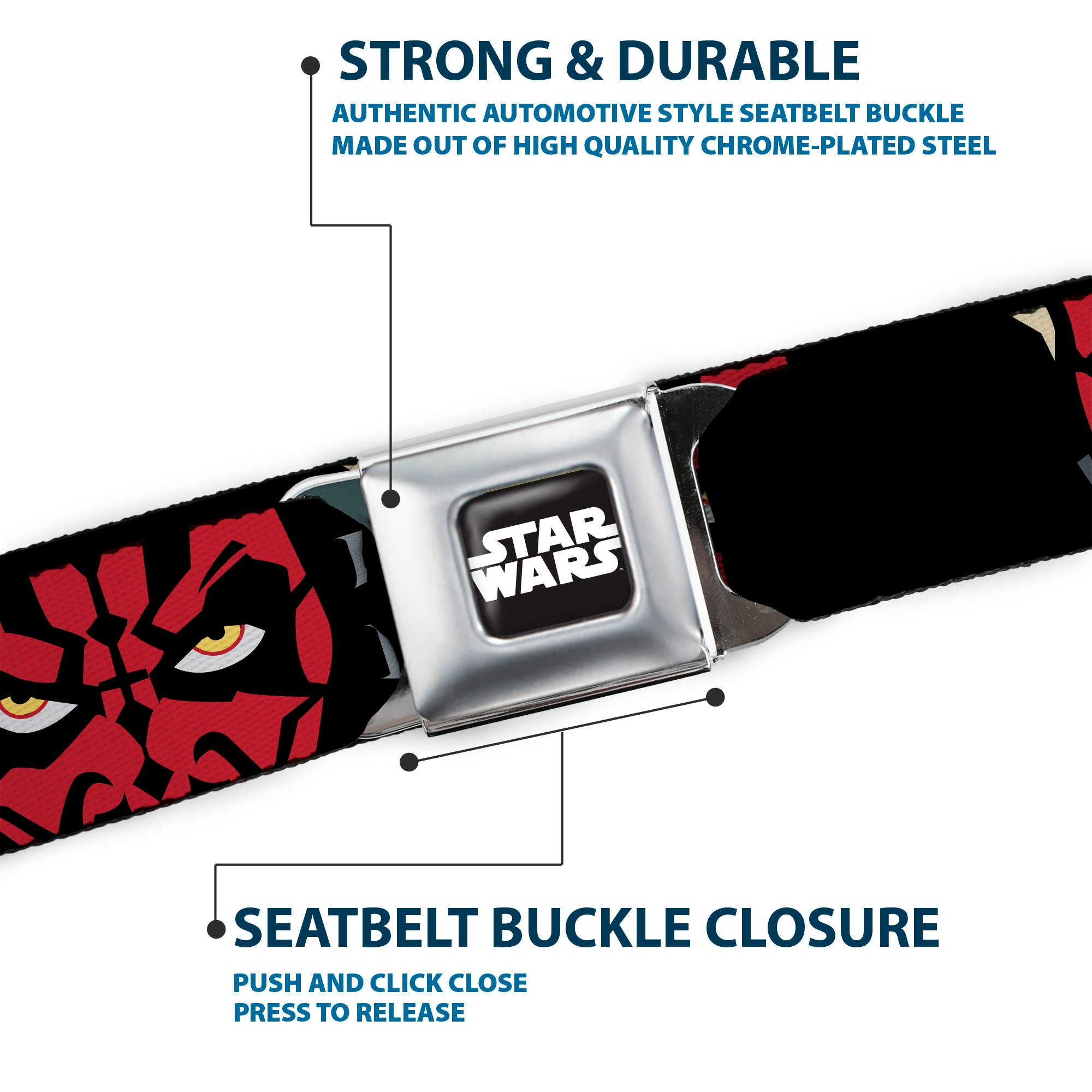 STAR WARS Title Logo Full Color Black/White Seatbelt Belt - Star Wars Revenge of the Sith DARTH MAUL Eyes and Text Black/Red/Gray Webbing