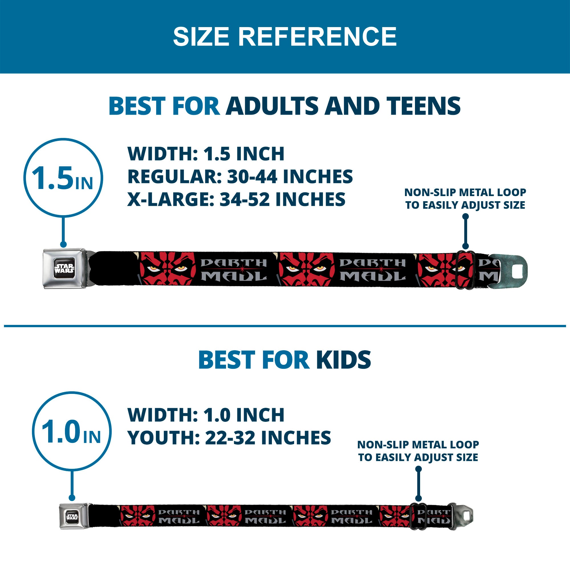 STAR WARS Title Logo Full Color Black/White Seatbelt Belt - Star Wars Revenge of the Sith DARTH MAUL Eyes and Text Black/Red/Gray Webbing