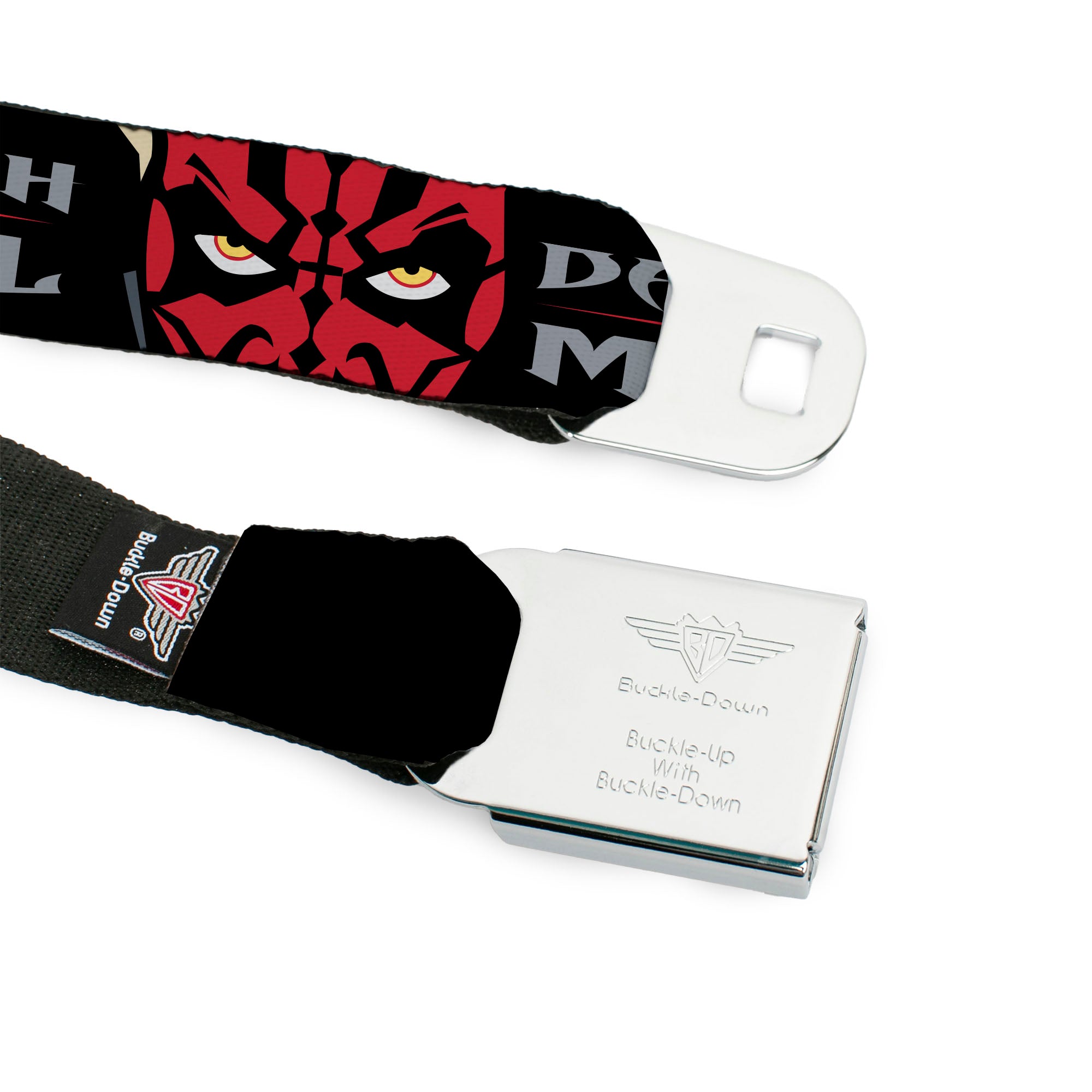 STAR WARS Title Logo Full Color Black/White Seatbelt Belt - Star Wars Revenge of the Sith DARTH MAUL Eyes and Text Black/Red/Gray Webbing