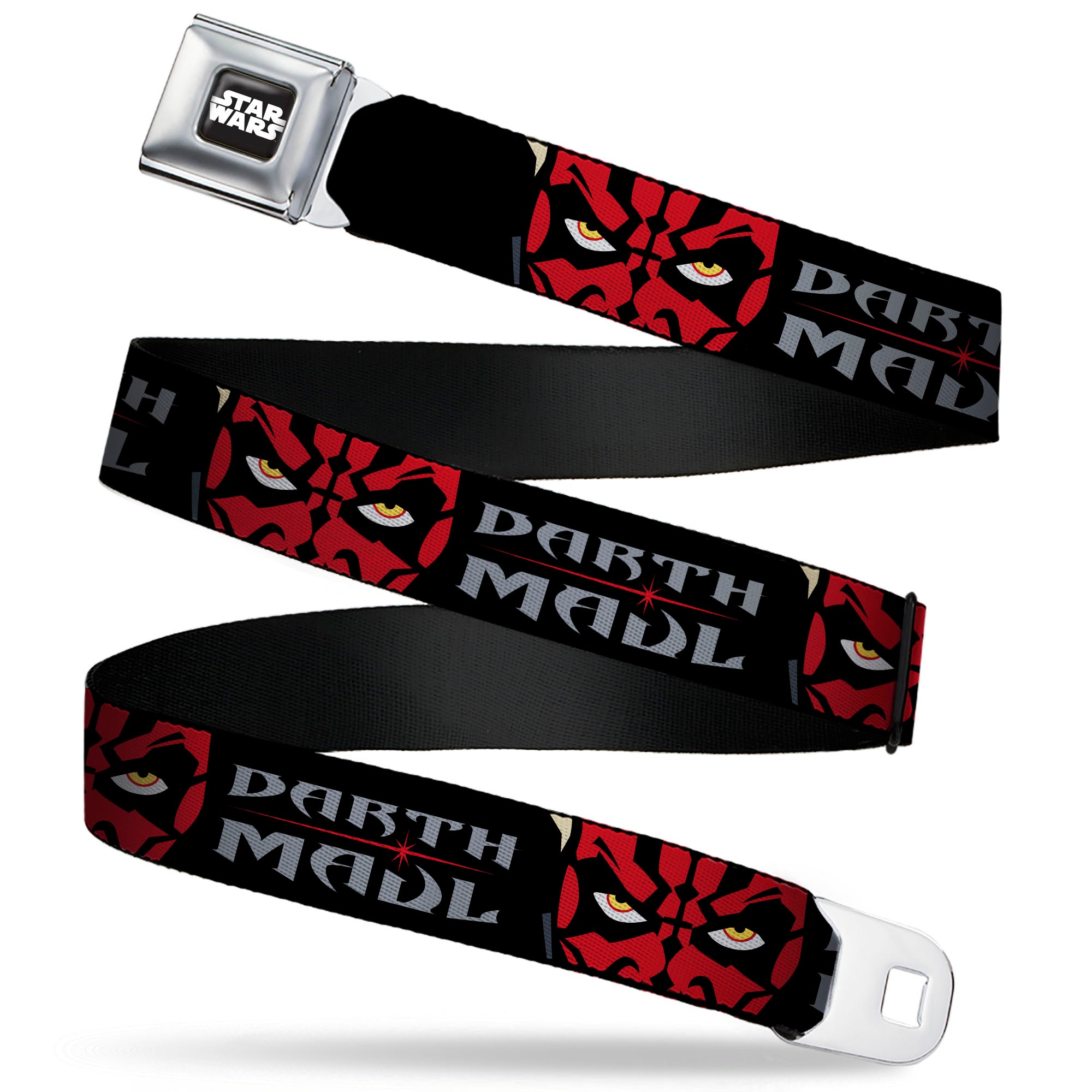 STAR WARS Title Logo Full Color Black/White Seatbelt Belt - Star Wars Revenge of the Sith DARTH MAUL Eyes and Text Black/Red/Gray Webbing