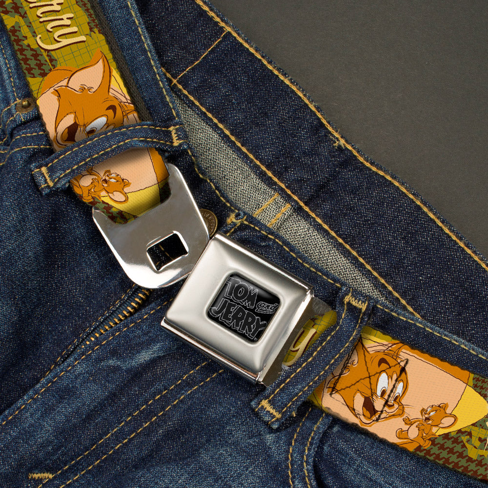 Tom and Jerry Black/Silver Seatbelt Belt - TOM & JERRY Tom Chasing Jerry Houndstooth Browns Webbing Seatbelt Belts Tom and Jerry