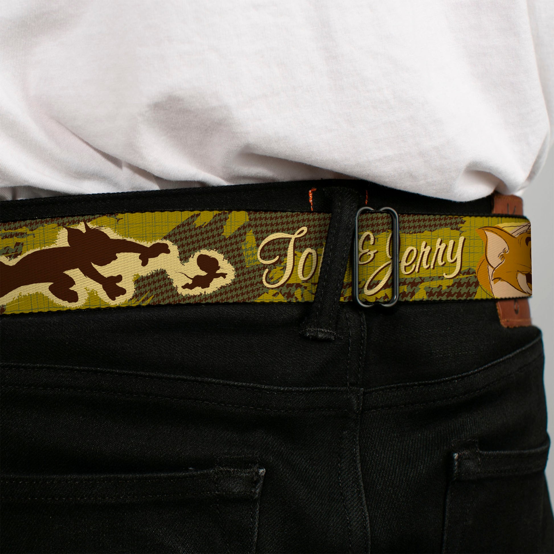 Tom and Jerry Black/Silver Seatbelt Belt - TOM & JERRY Tom Chasing Jerry Houndstooth Browns Webbing Seatbelt Belts Tom and Jerry