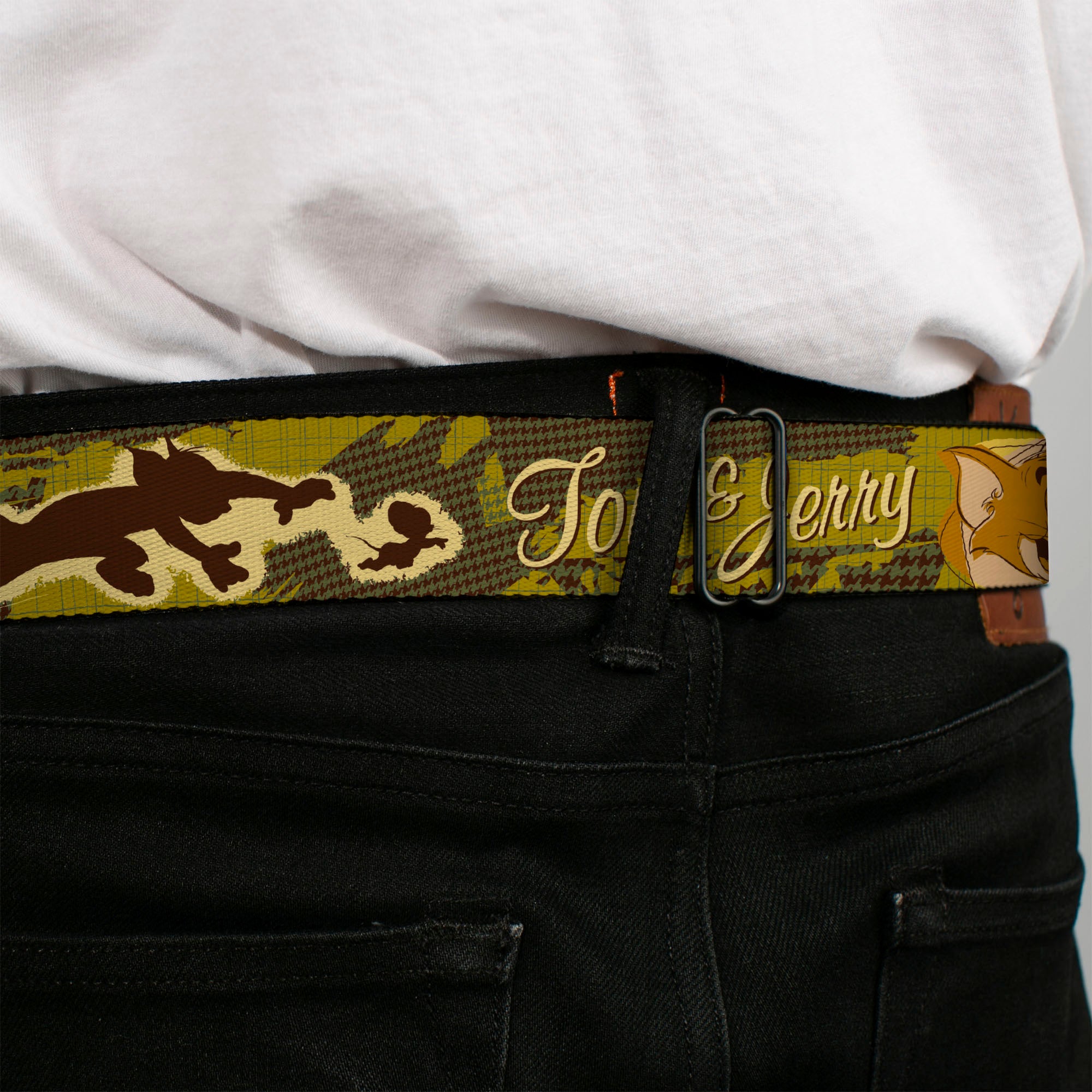 Tom and Jerry Black/Silver Seatbelt Belt - TOM & JERRY Tom Chasing Jerry Houndstooth Browns Webbing Seatbelt Belts Tom and Jerry