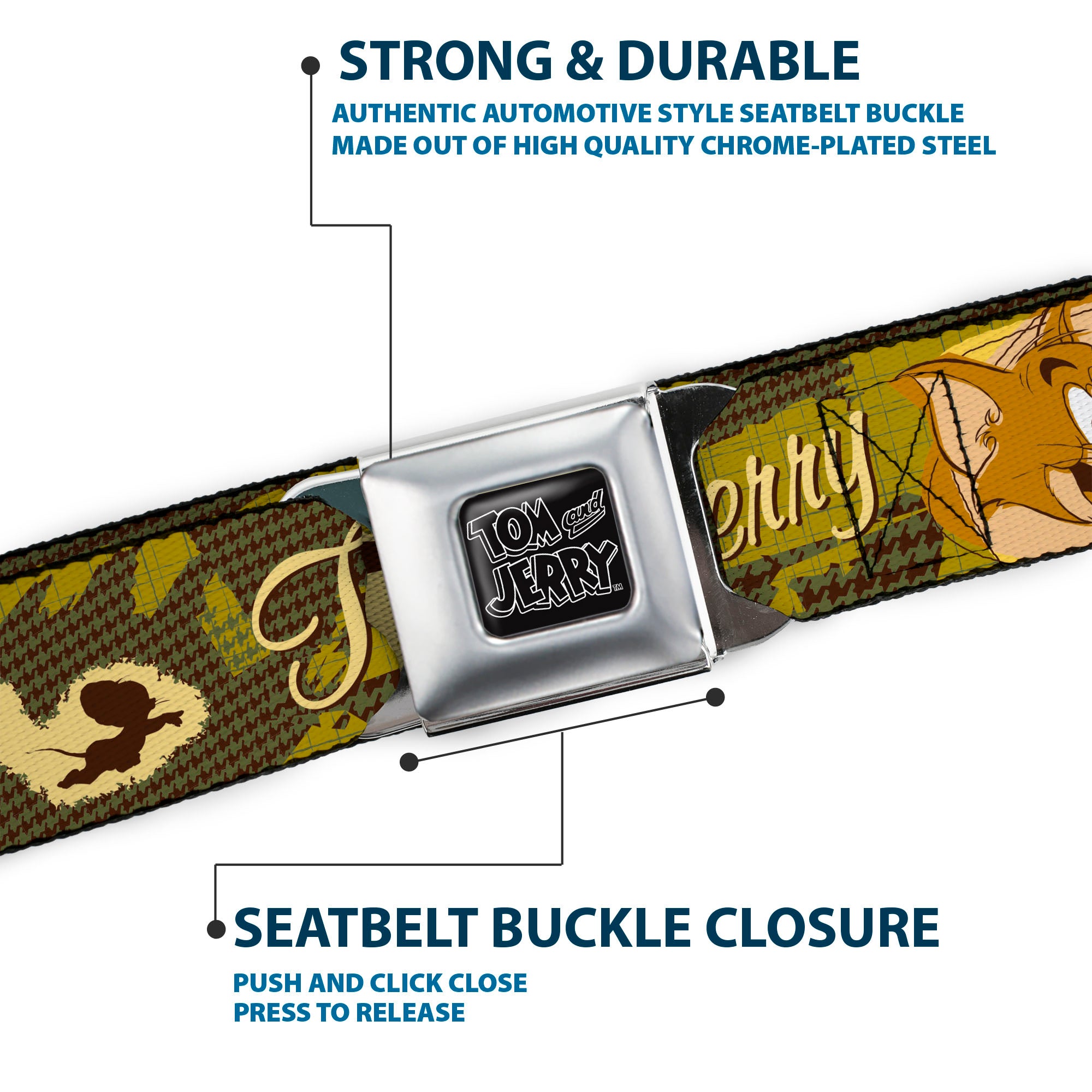 Tom and Jerry Black/Silver Seatbelt Belt - TOM & JERRY Tom Chasing Jerry Houndstooth Browns Webbing Seatbelt Belts Tom and Jerry