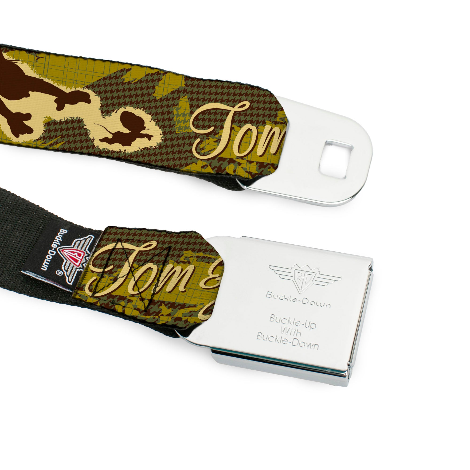 Tom and Jerry Black/Silver Seatbelt Belt - TOM & JERRY Tom Chasing Jerry Houndstooth Browns Webbing Seatbelt Belts Tom and Jerry