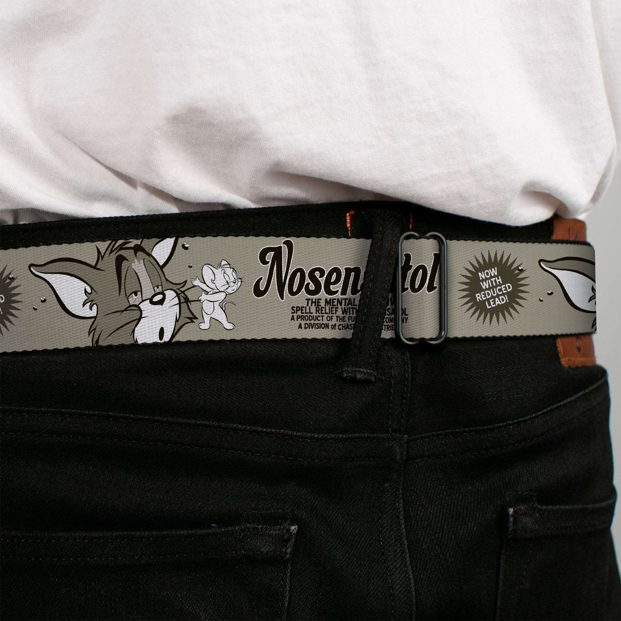 Tom and Jerry Logo Full Color Black Red Seatbelt Belt - Tom & Jerry NOSENATOL THE MENTAL LAXATIVE Grays/White/Black Webbing Seatbelt Belts Tom and Jerry