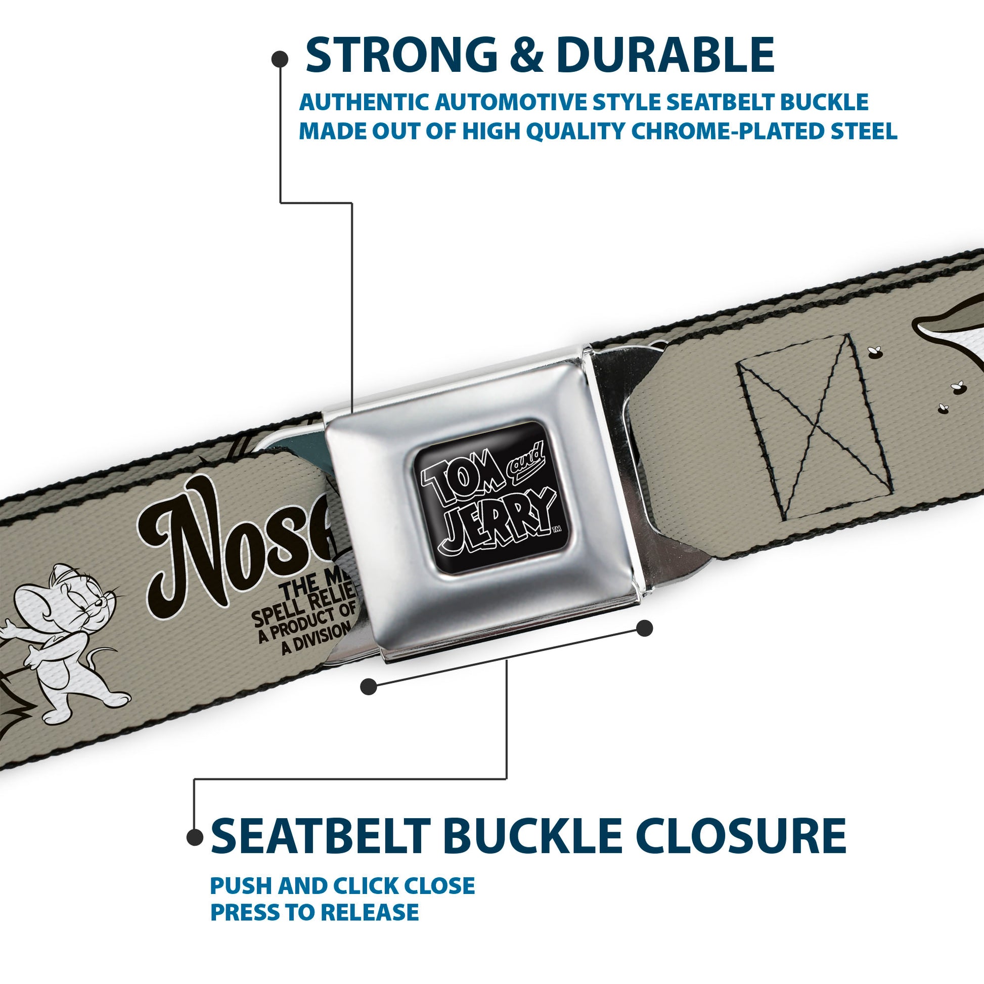 Tom and Jerry Logo Full Color Black Red Seatbelt Belt - Tom & Jerry NOSENATOL THE MENTAL LAXATIVE Grays/White/Black Webbing Seatbelt Belts Tom and Jerry
