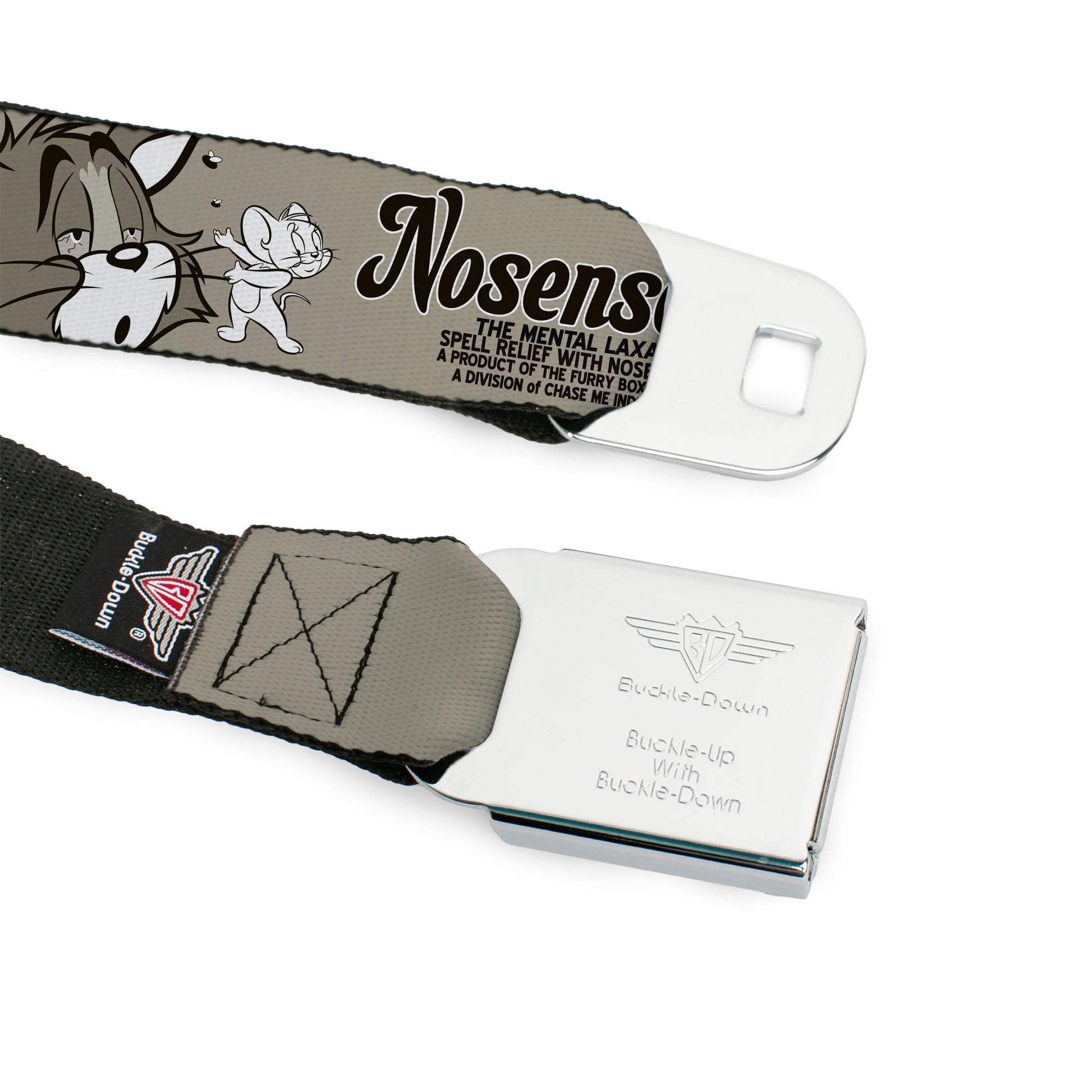 Tom and Jerry Logo Full Color Black Red Seatbelt Belt - Tom & Jerry NOSENATOL THE MENTAL LAXATIVE Grays/White/Black Webbing Seatbelt Belts Tom and Jerry