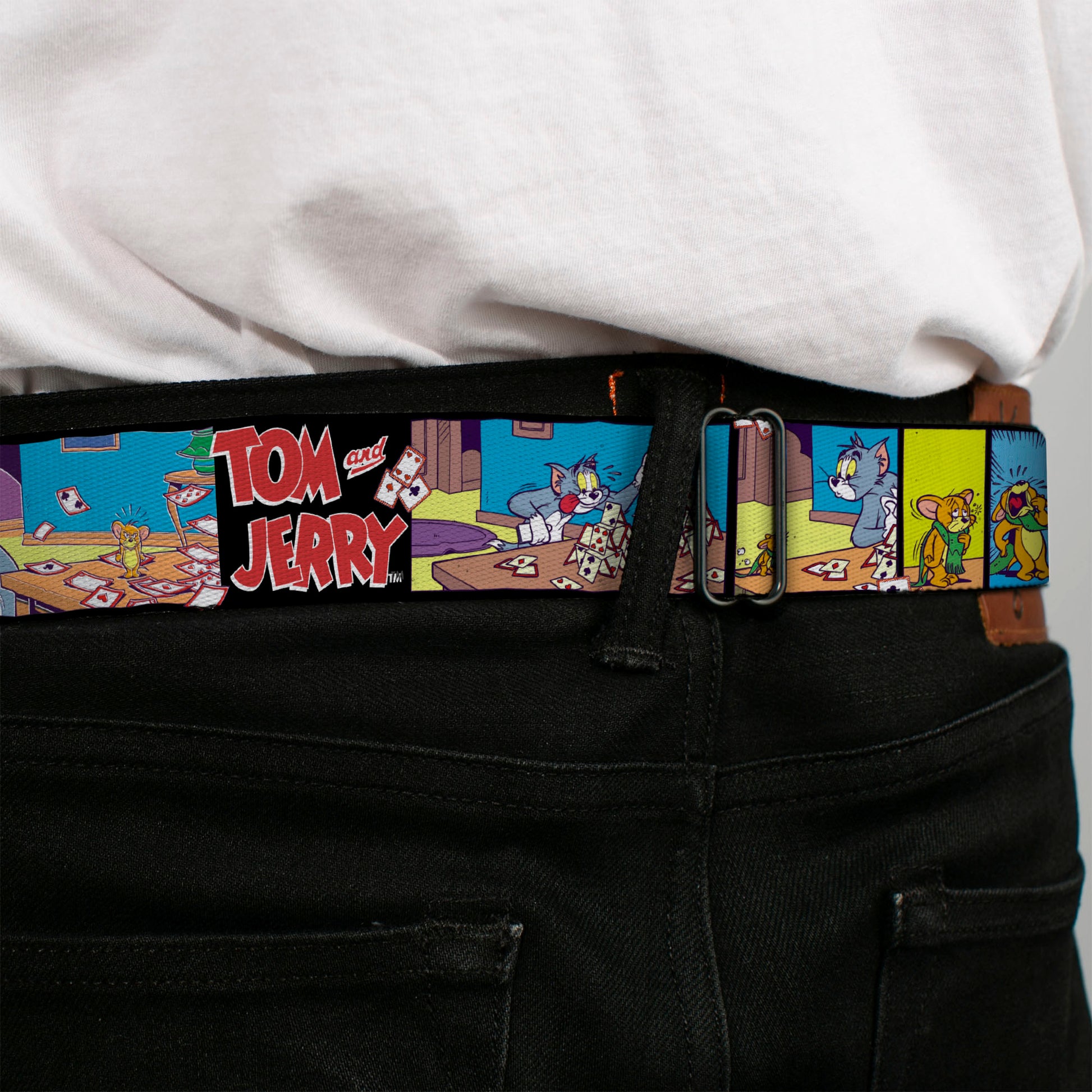 Tom and Jerry Logo Full Color Black/Red Seatbelt Belt - TOM & JERRY House of Cards Panels Webbing Seatbelt Belts Tom and Jerry