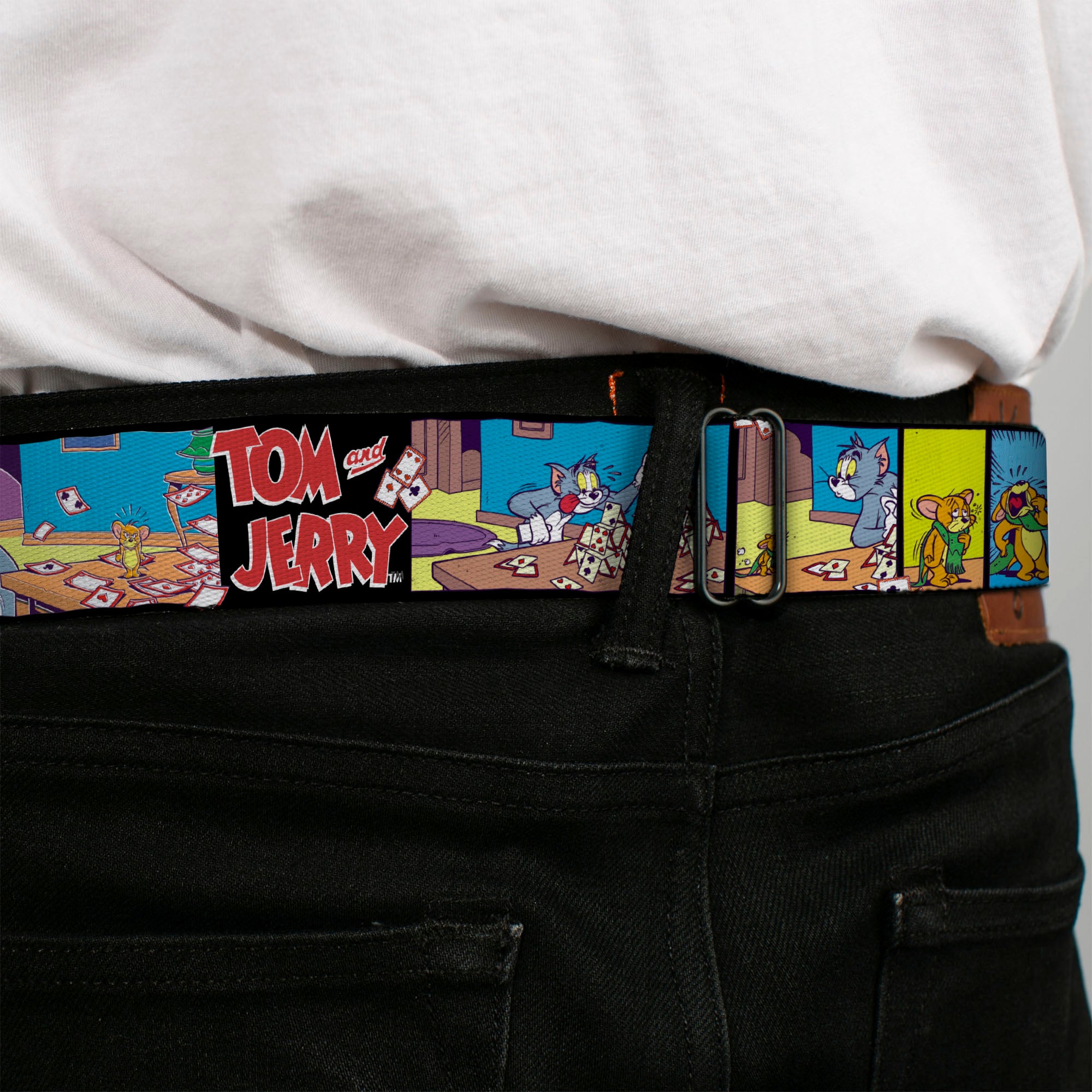 Tom and Jerry Logo Full Color Black/Red Seatbelt Belt - TOM & JERRY House of Cards Panels Webbing Seatbelt Belts Tom and Jerry
