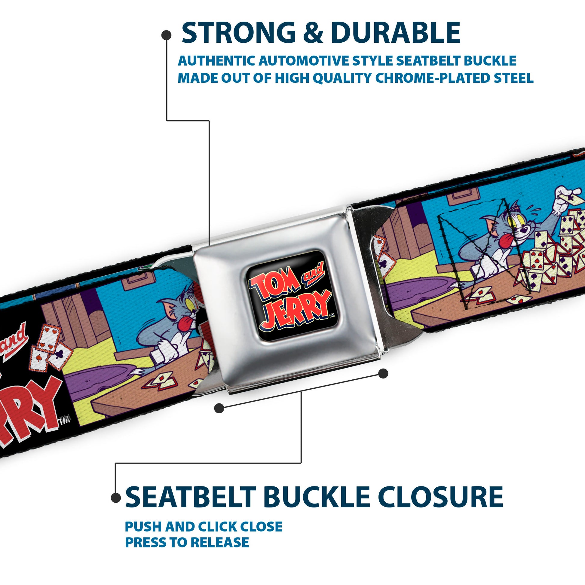 Tom and Jerry Logo Full Color Black/Red Seatbelt Belt - TOM & JERRY House of Cards Panels Webbing Seatbelt Belts Tom and Jerry
