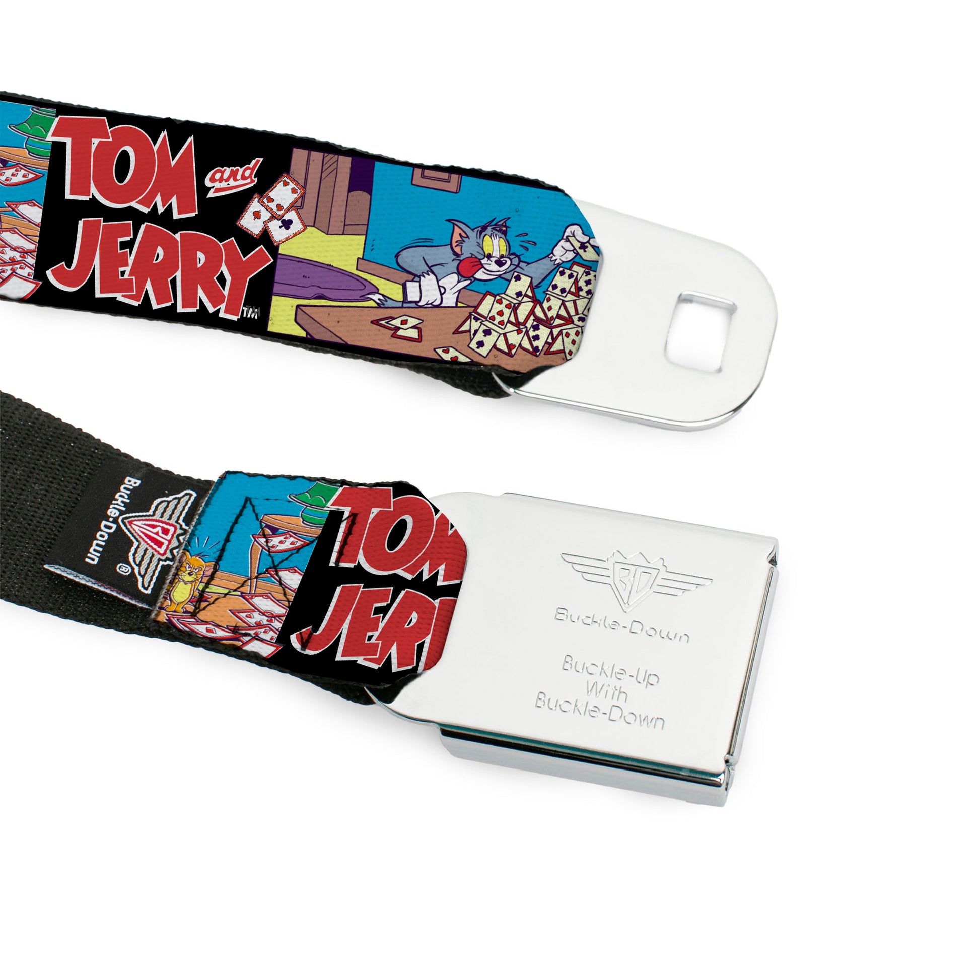Tom and Jerry Logo Full Color Black/Red Seatbelt Belt - TOM & JERRY House of Cards Panels Webbing Seatbelt Belts Tom and Jerry