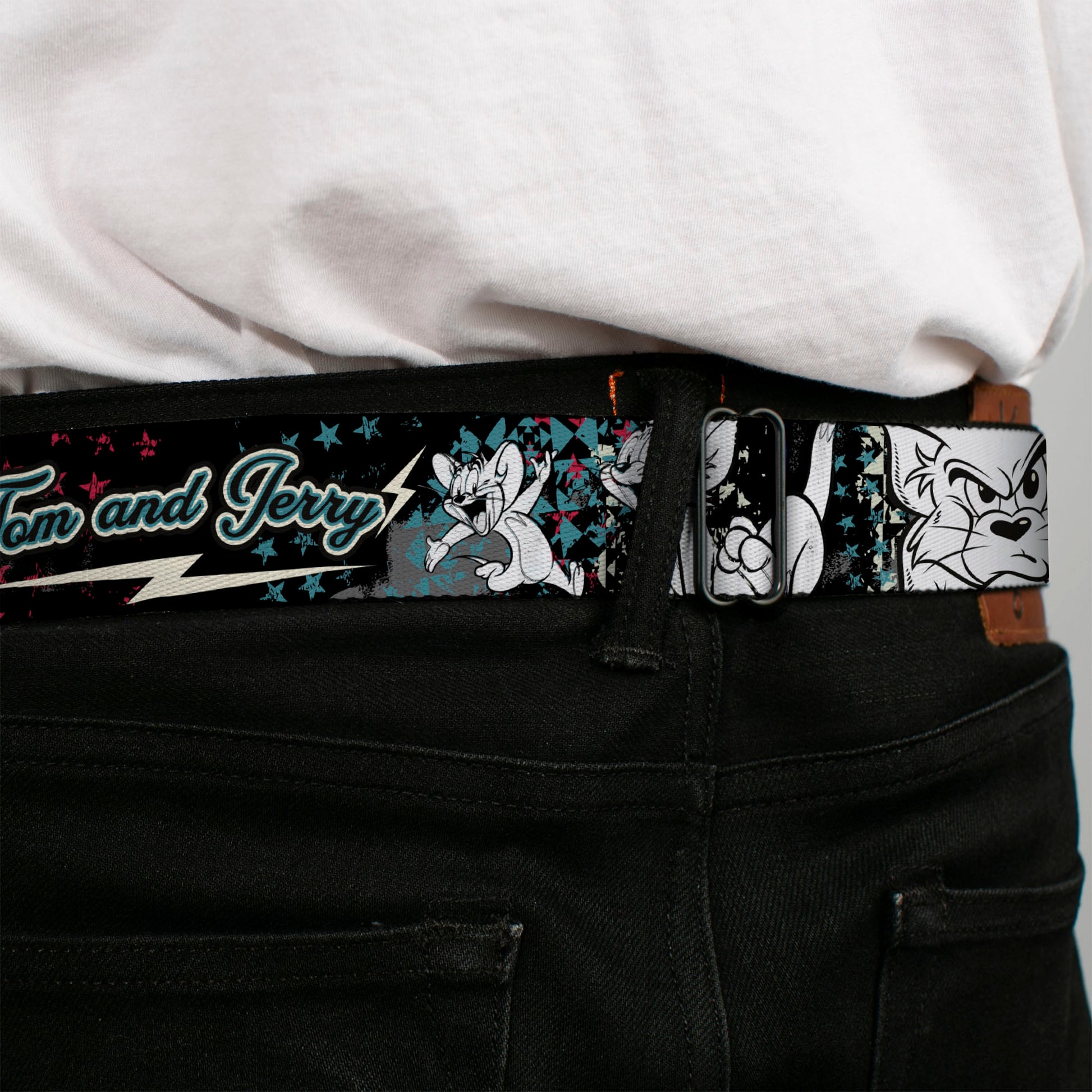 Tom and Jerry Logo Full Color Black Red Seatbelt Belt - TOM & JERRY Face & Pose Sketch Black/White/Red/Blue Webbing Seatbelt Belts Tom and Jerry