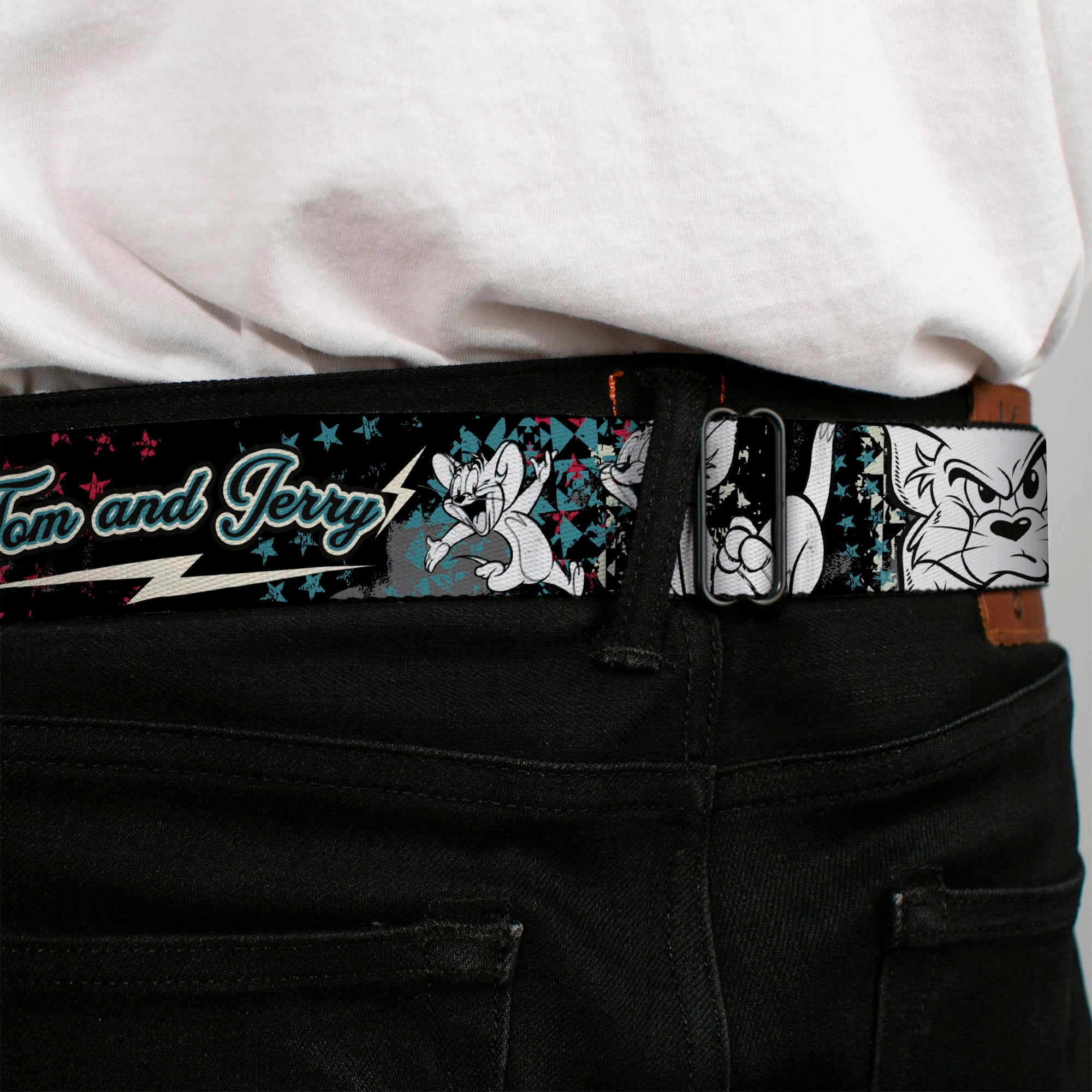 Tom and Jerry Logo Full Color Black Red Seatbelt Belt - TOM & JERRY Face & Pose Sketch Black/White/Red/Blue Webbing Seatbelt Belts Tom and Jerry