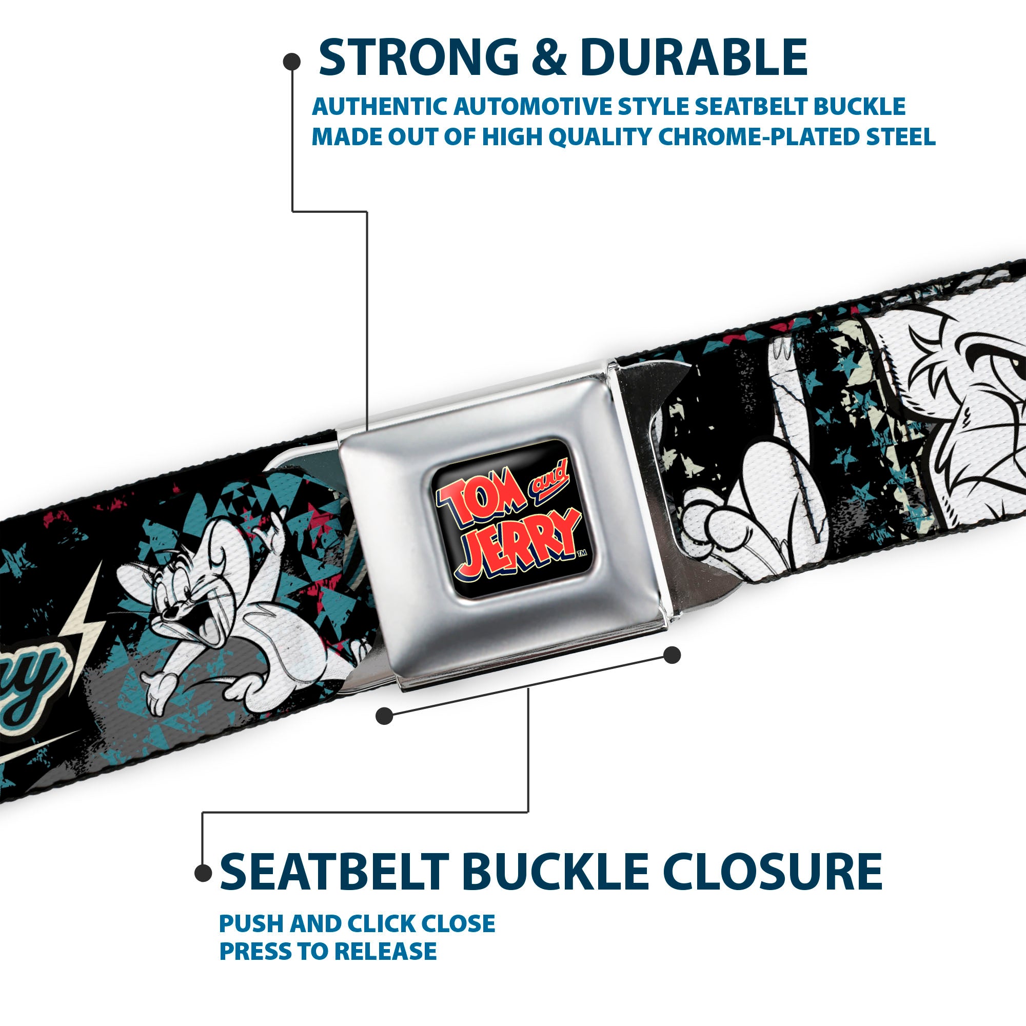 Tom and Jerry Logo Full Color Black Red Seatbelt Belt - TOM & JERRY Face & Pose Sketch Black/White/Red/Blue Webbing Seatbelt Belts Tom and Jerry