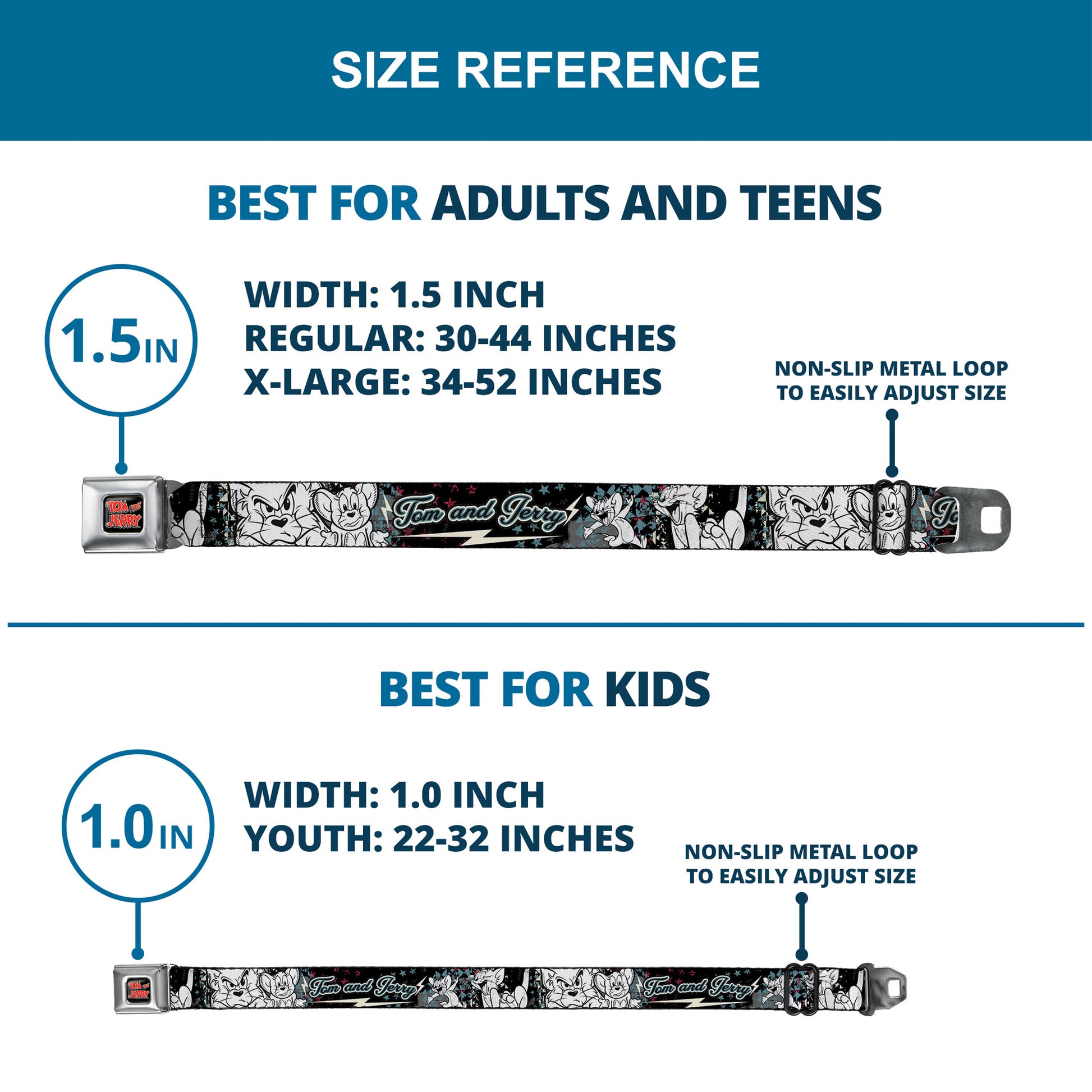 Tom and Jerry Logo Full Color Black Red Seatbelt Belt - TOM & JERRY Face & Pose Sketch Black/White/Red/Blue Webbing Seatbelt Belts Tom and Jerry