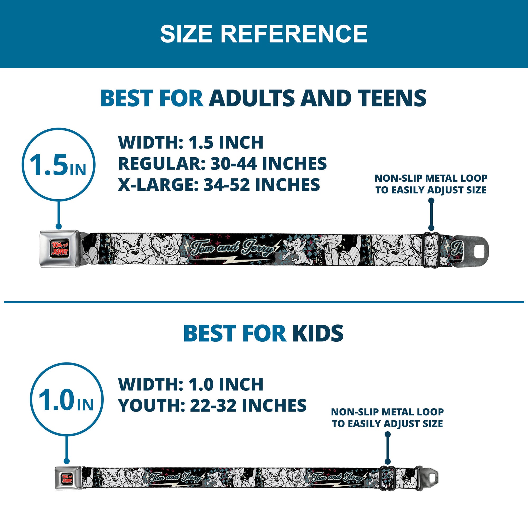 Tom and Jerry Logo Full Color Black Red Seatbelt Belt - TOM & JERRY Face & Pose Sketch Black/White/Red/Blue Webbing Seatbelt Belts Tom and Jerry