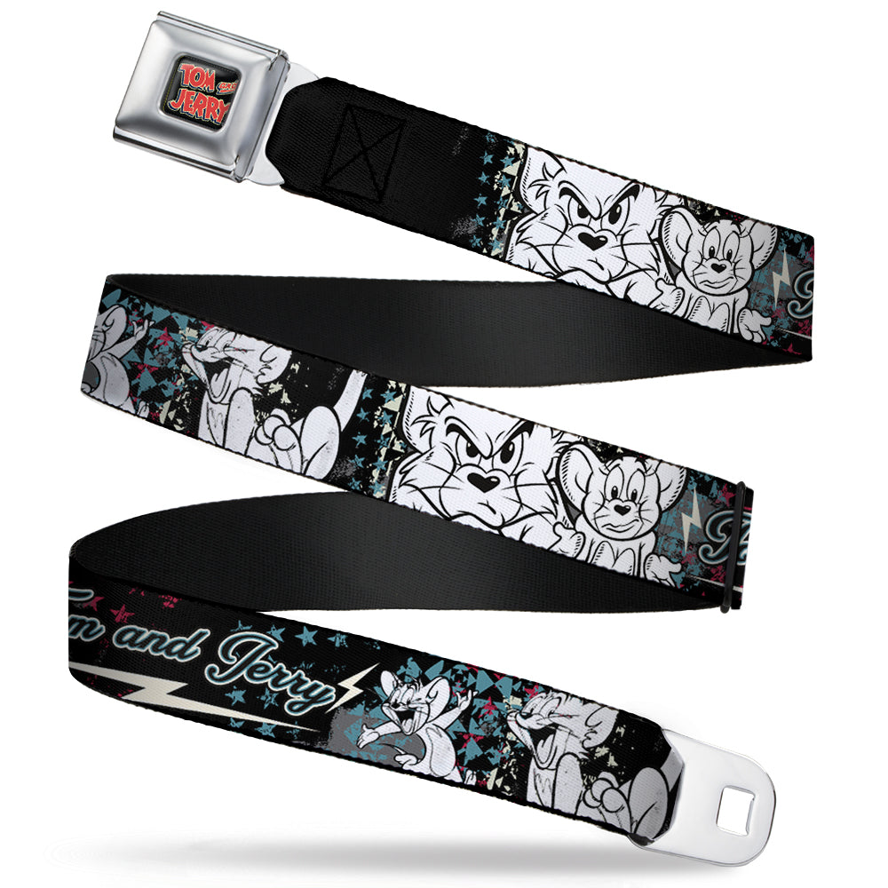 Tom and Jerry Logo Full Color Black Red Seatbelt Belt - TOM & JERRY Face & Pose Sketch Black/White/Red/Blue Webbing Seatbelt Belts Tom and Jerry