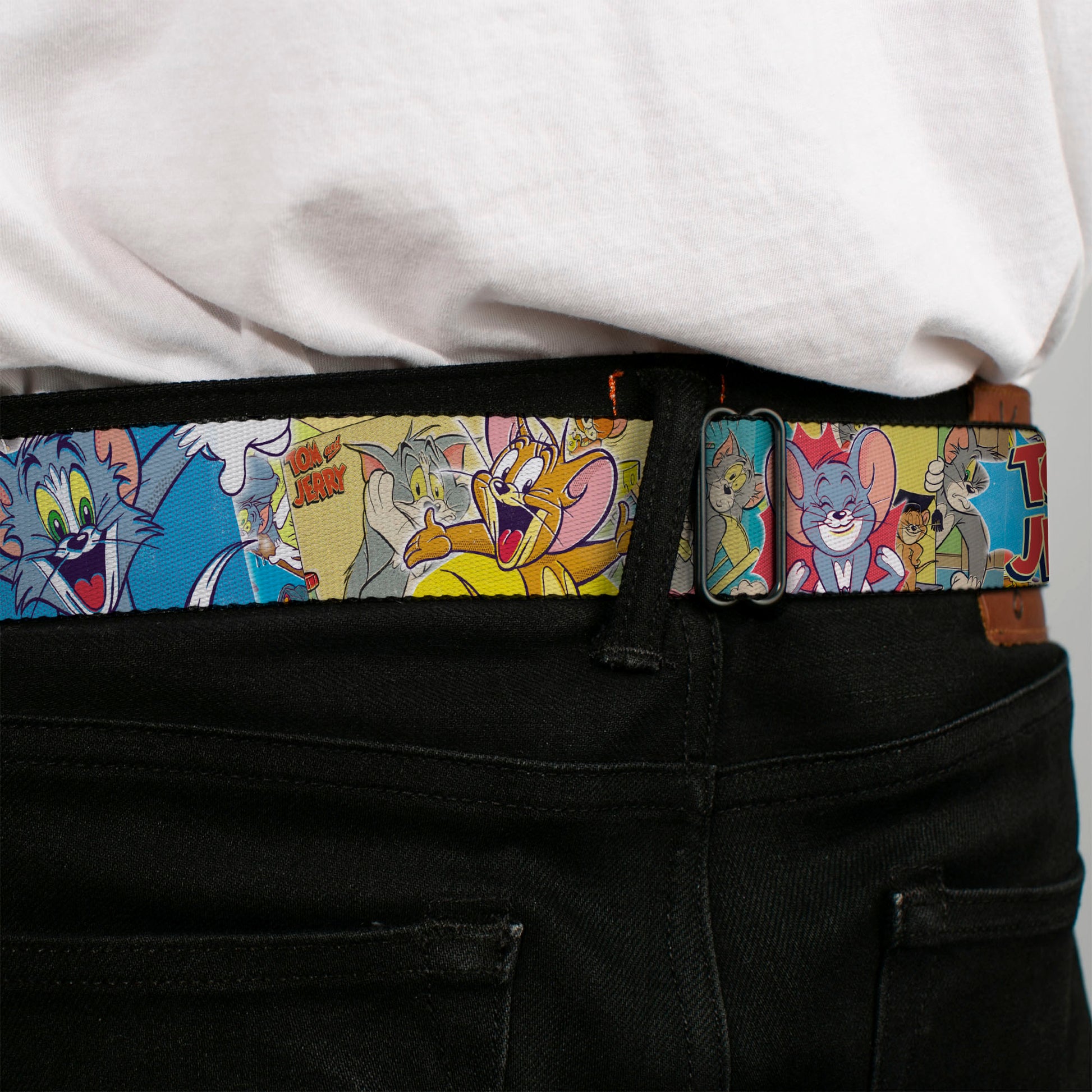 Tom and Jerry Logo Full Color Black Red Seatbelt Belt - TOM & JERRY Faces/Stacked Scene Panels Webbing Seatbelt Belts Tom and Jerry