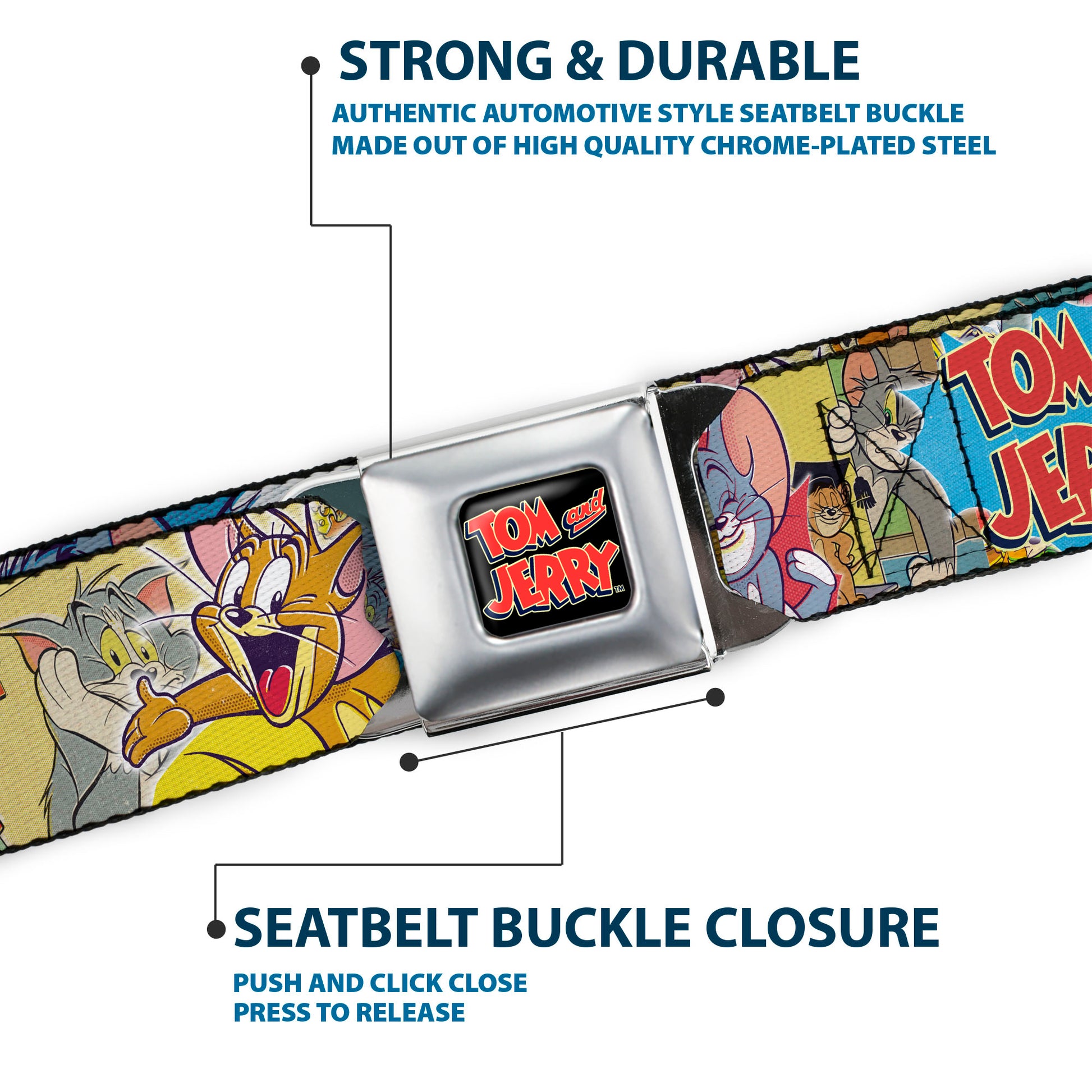 Tom and Jerry Logo Full Color Black Red Seatbelt Belt - TOM & JERRY Faces/Stacked Scene Panels Webbing Seatbelt Belts Tom and Jerry