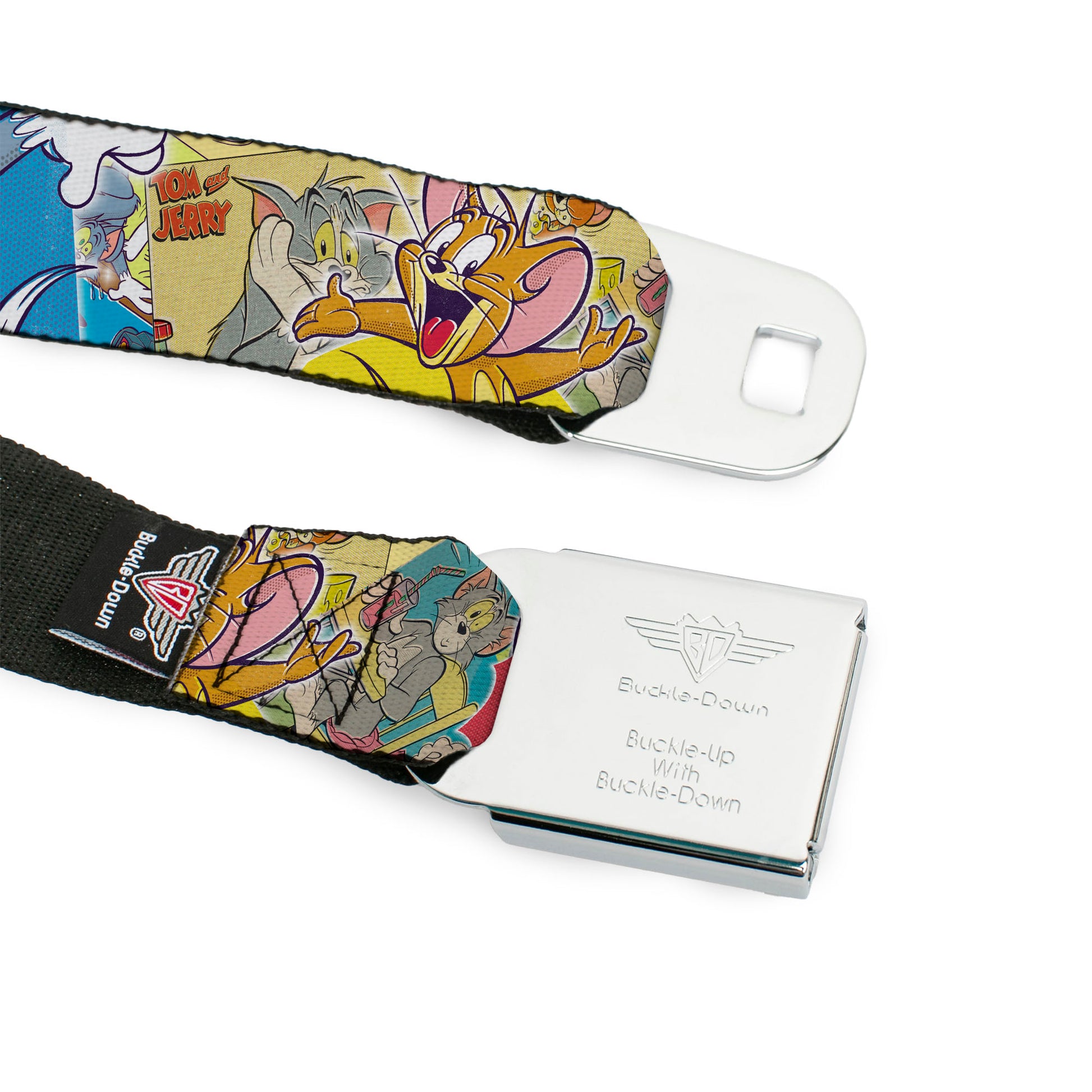 Tom and Jerry Logo Full Color Black Red Seatbelt Belt - TOM & JERRY Faces/Stacked Scene Panels Webbing Seatbelt Belts Tom and Jerry