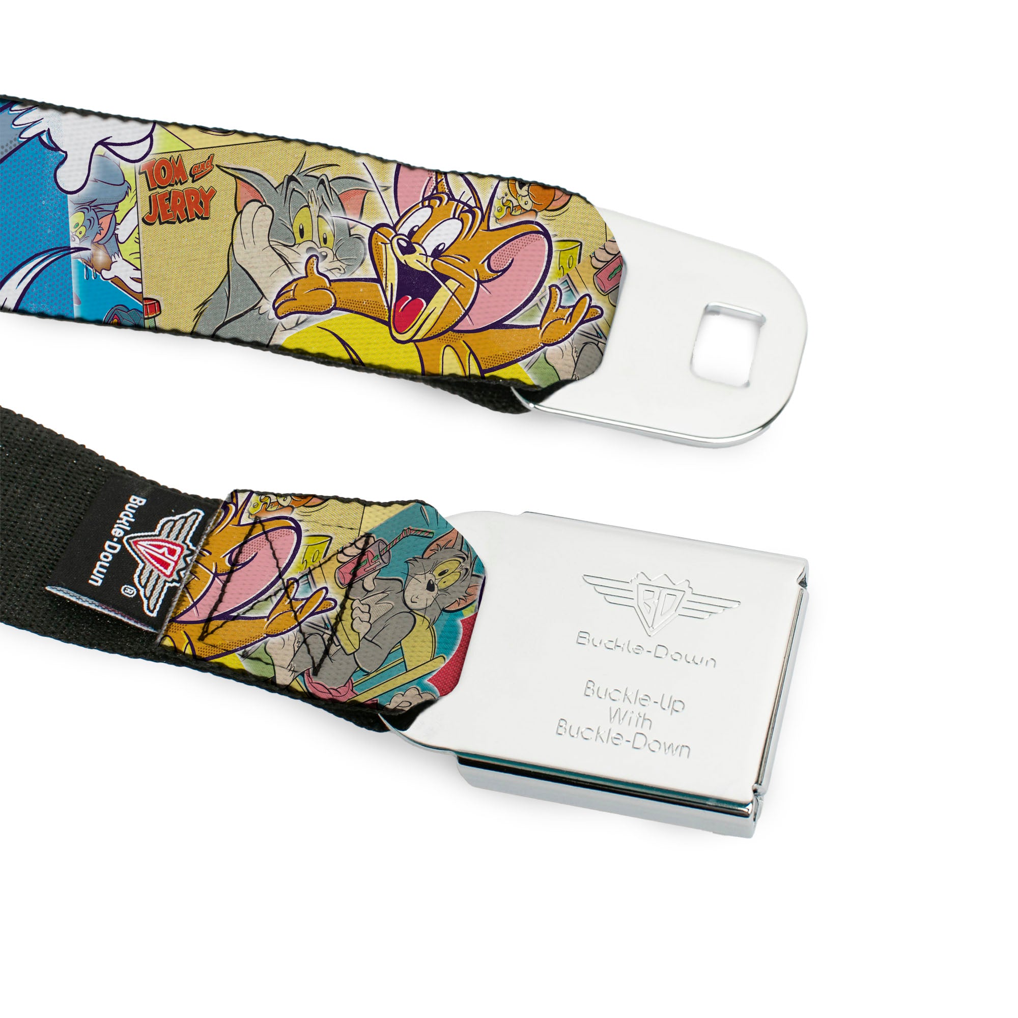 Tom and Jerry Logo Full Color Black Red Seatbelt Belt - TOM & JERRY Faces/Stacked Scene Panels Webbing Seatbelt Belts Tom and Jerry