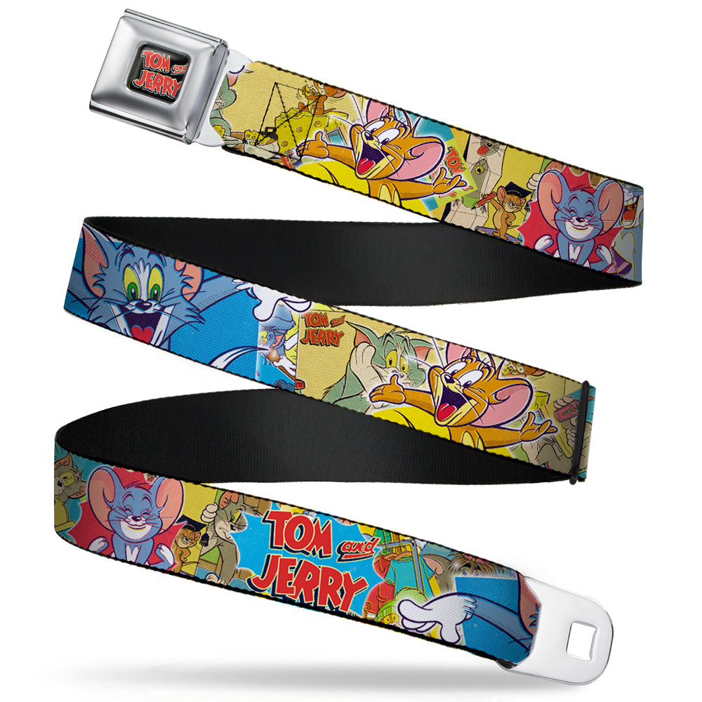 Tom and Jerry Logo Full Color Black Red Seatbelt Belt - TOM & JERRY Faces/Stacked Scene Panels Webbing Seatbelt Belts Tom and Jerry