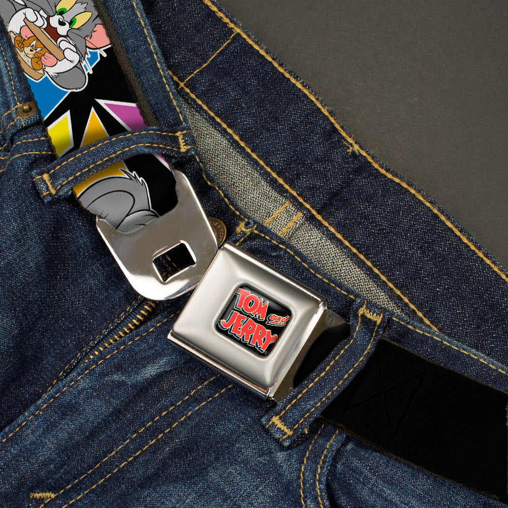 Tom and Jerry Logo Full Color Black Red Seatbelt Belt - TOM & JERRY Poses Black/Multi Color Webbing Seatbelt Belts Tom and Jerry