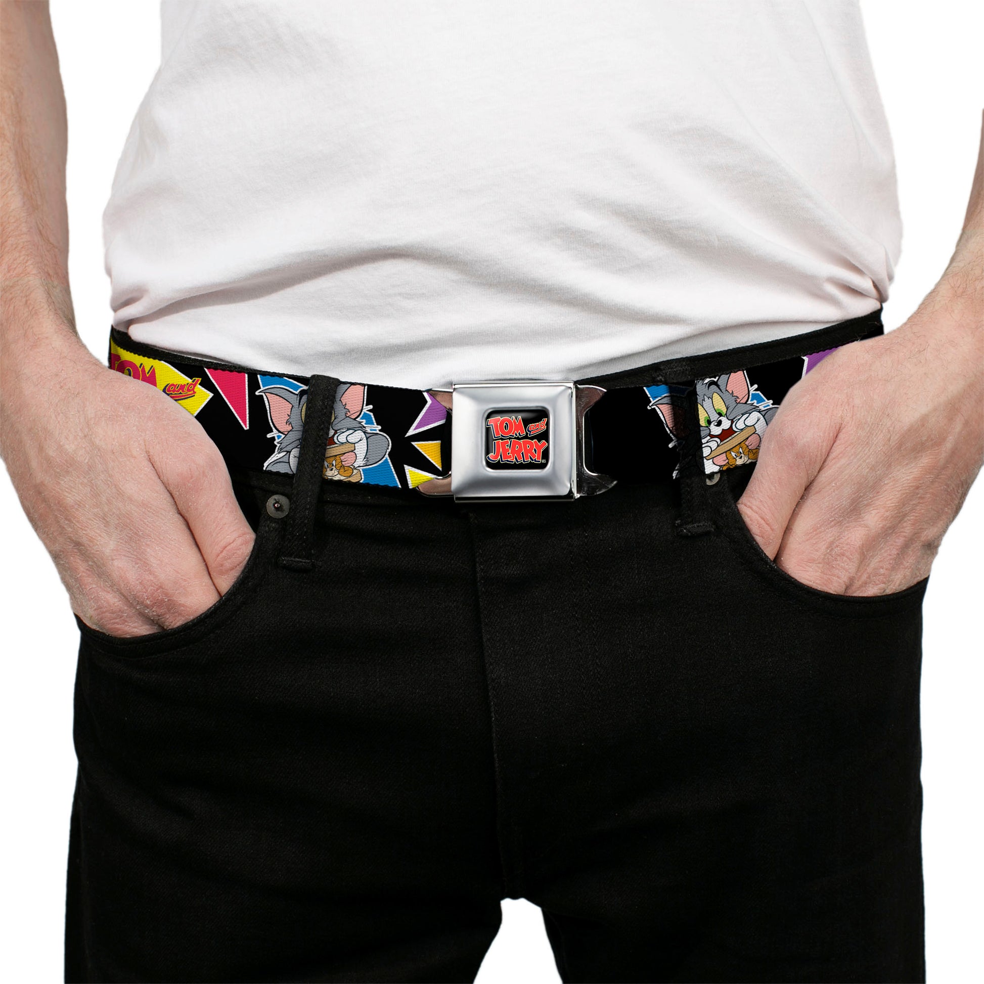 Tom and Jerry Logo Full Color Black Red Seatbelt Belt - TOM & JERRY Poses Black/Multi Color Webbing Seatbelt Belts Tom and Jerry