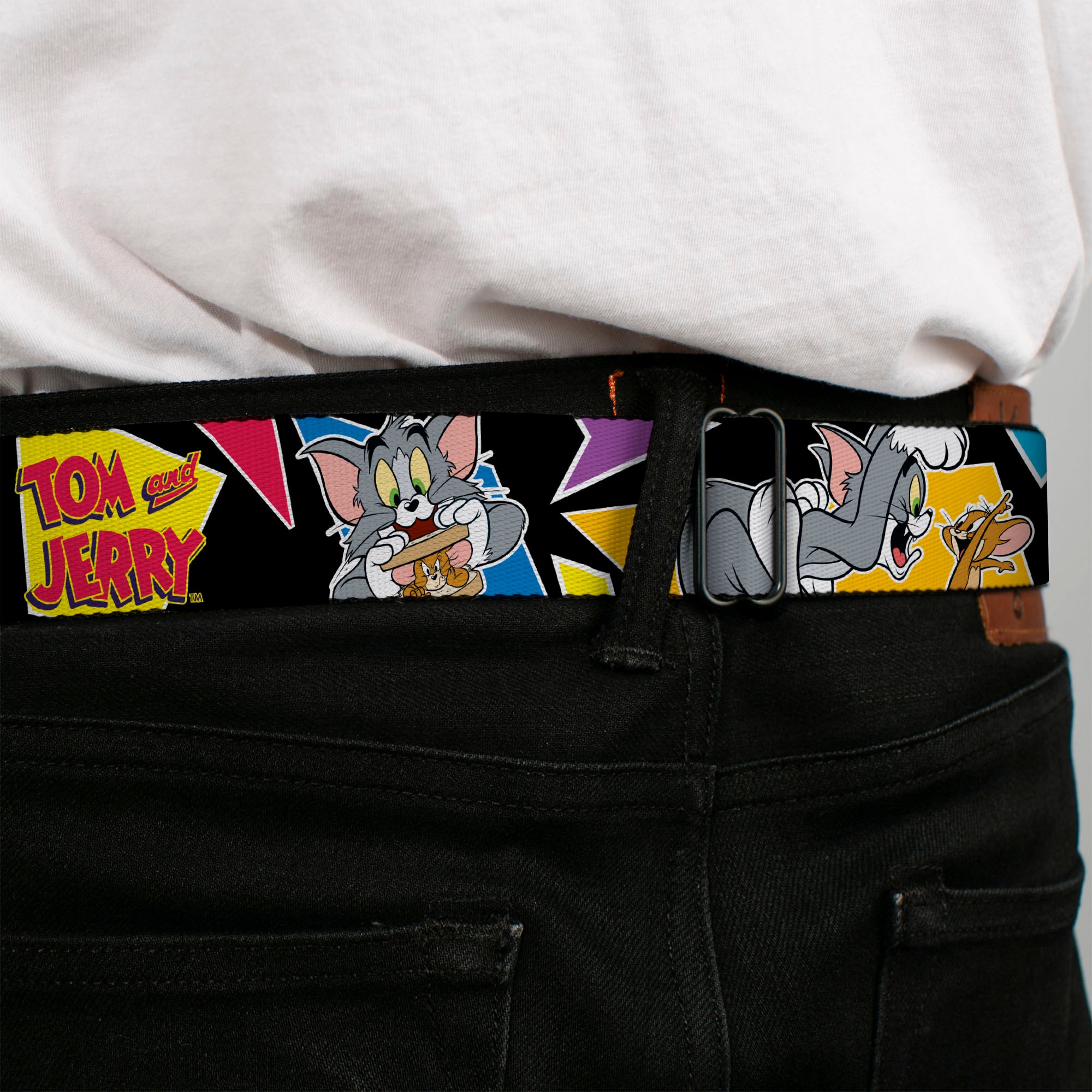 Tom and Jerry Logo Full Color Black Red Seatbelt Belt - TOM & JERRY Poses Black/Multi Color Webbing Seatbelt Belts Tom and Jerry