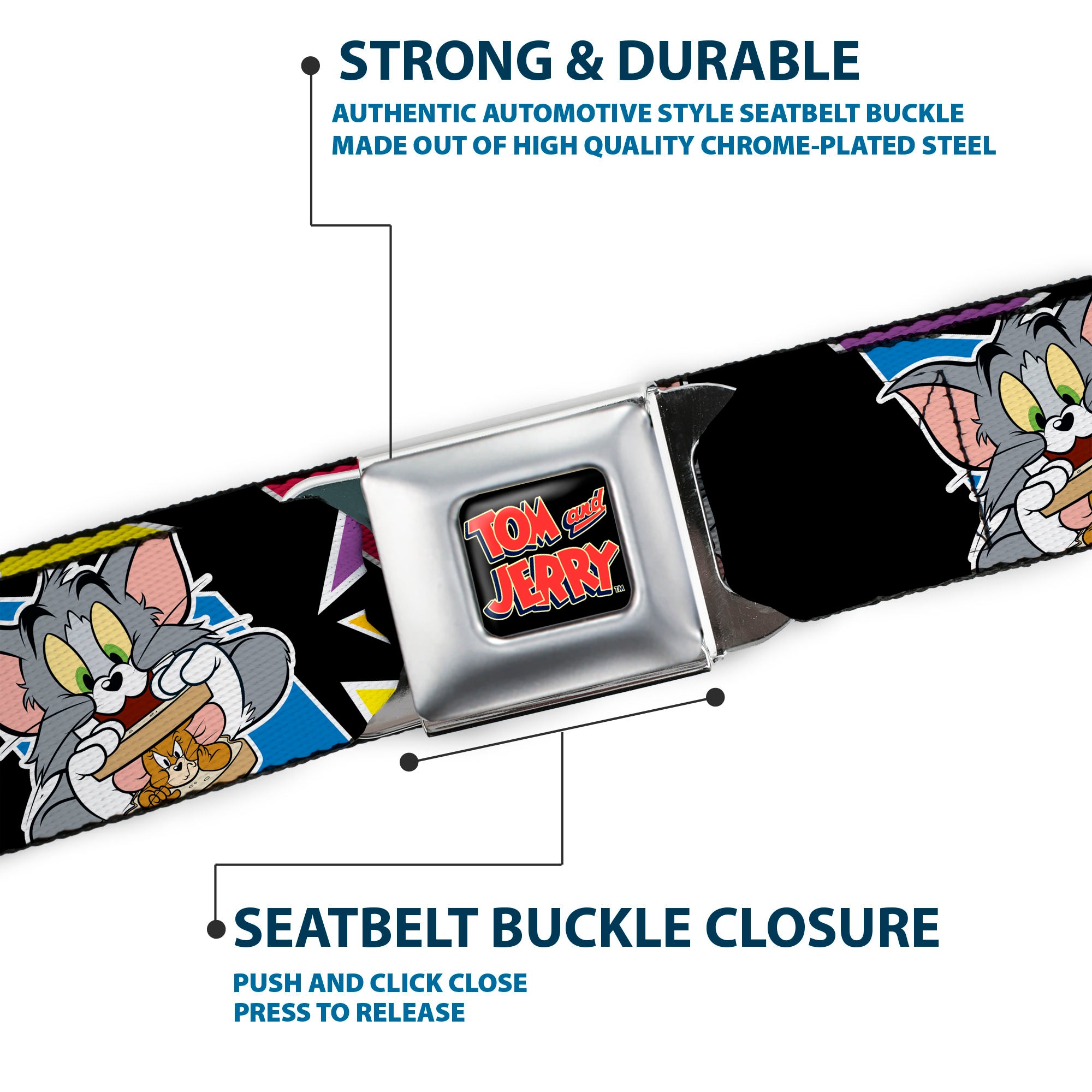 Tom and Jerry Logo Full Color Black Red Seatbelt Belt - TOM & JERRY Poses Black/Multi Color Webbing Seatbelt Belts Tom and Jerry