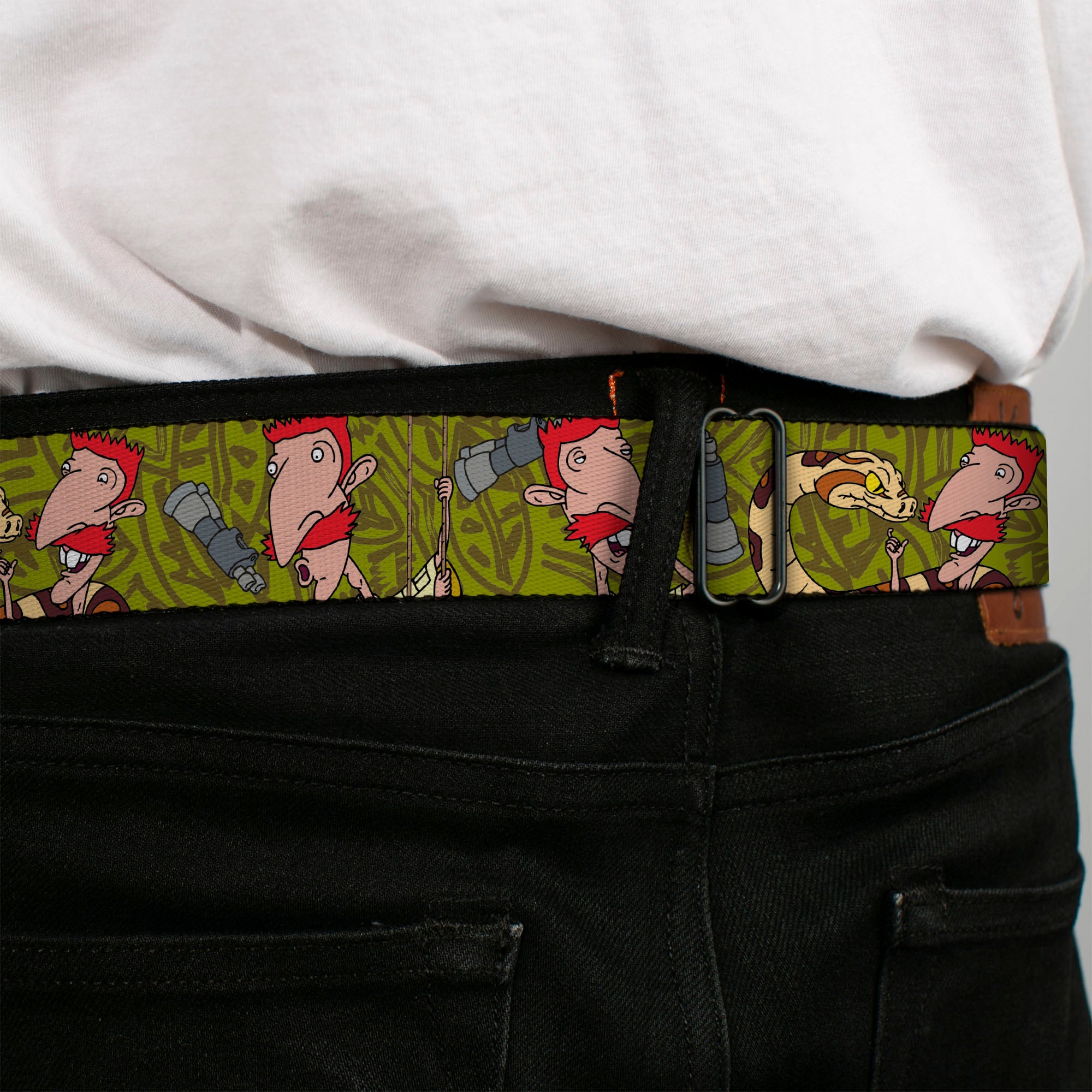 The Wild Thornberry's Logo Full Color Seatbelt Belt - Nigel Thornberry w/Snake Poses Olive/Brown Webbing Seatbelt Belts The Wild Thornberrys