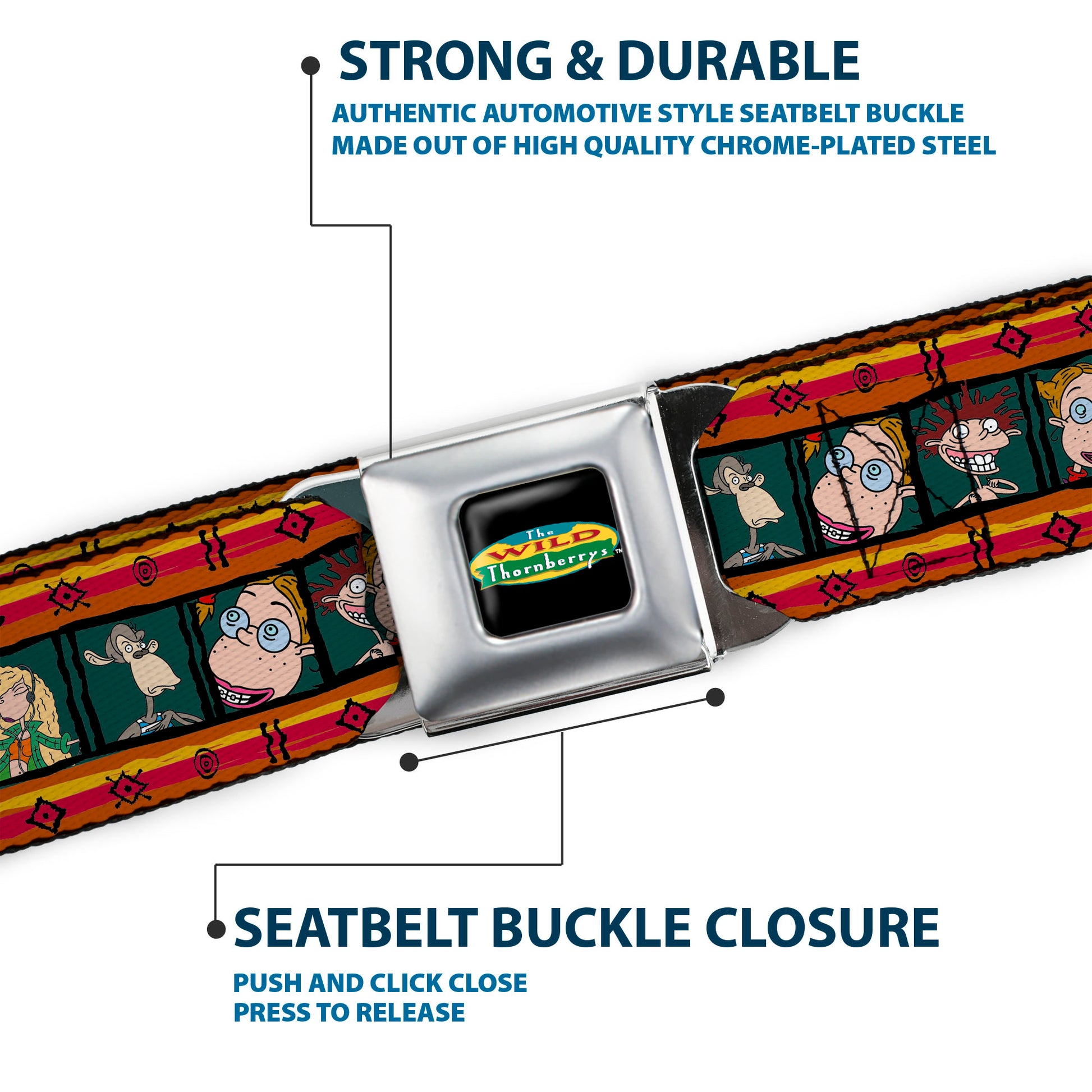 The Wild Thornberry's Logo Full Color Seatbelt Belt - Thornberry Kid's & Darwin Block Poses/Tribal Stripes Red/Orange/Green/Black Webbing Seatbelt Belts The Wild Thornberrys