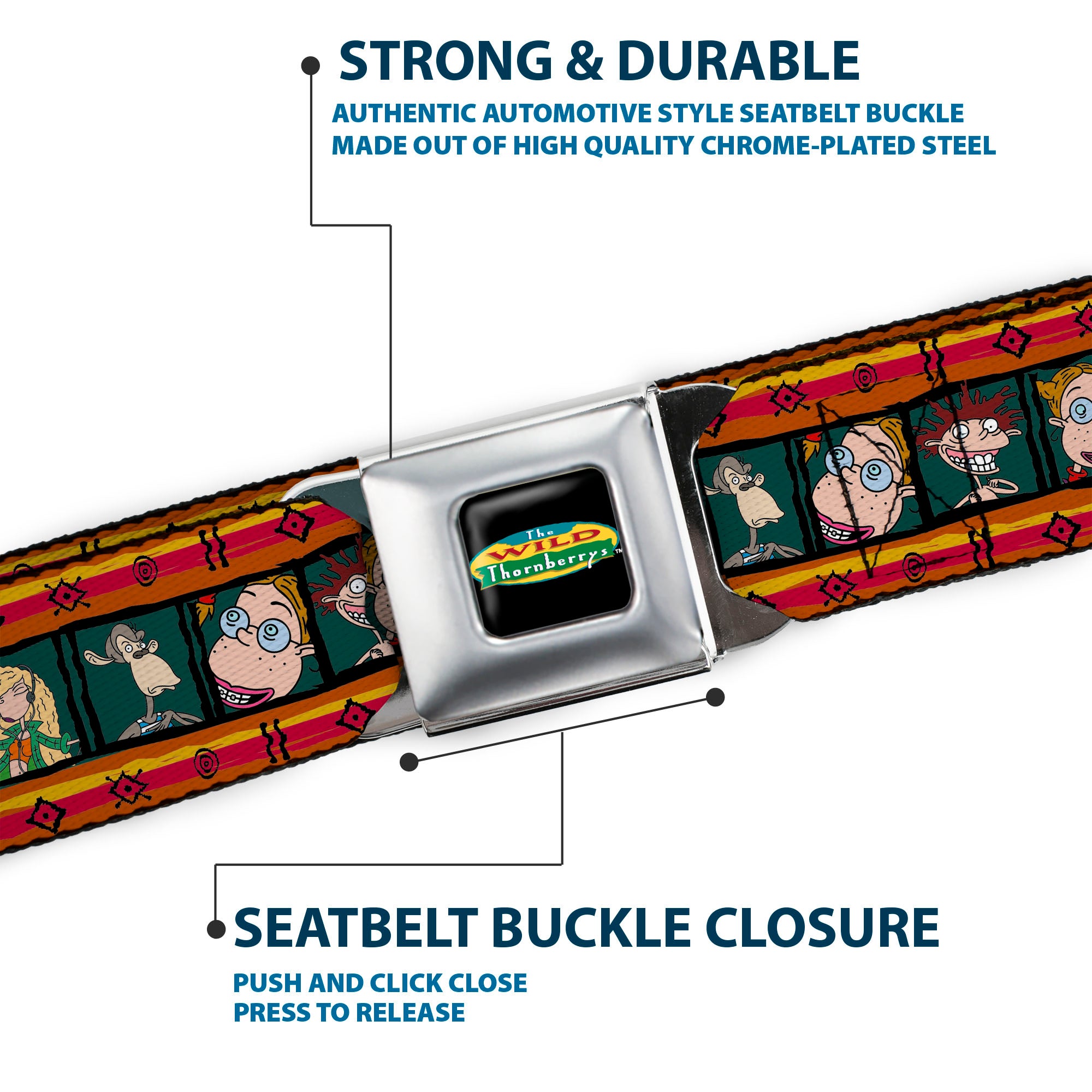 The Wild Thornberry's Logo Full Color Seatbelt Belt - Thornberry Kid's & Darwin Block Poses/Tribal Stripes Red/Orange/Green/Black Webbing Seatbelt Belts The Wild Thornberrys