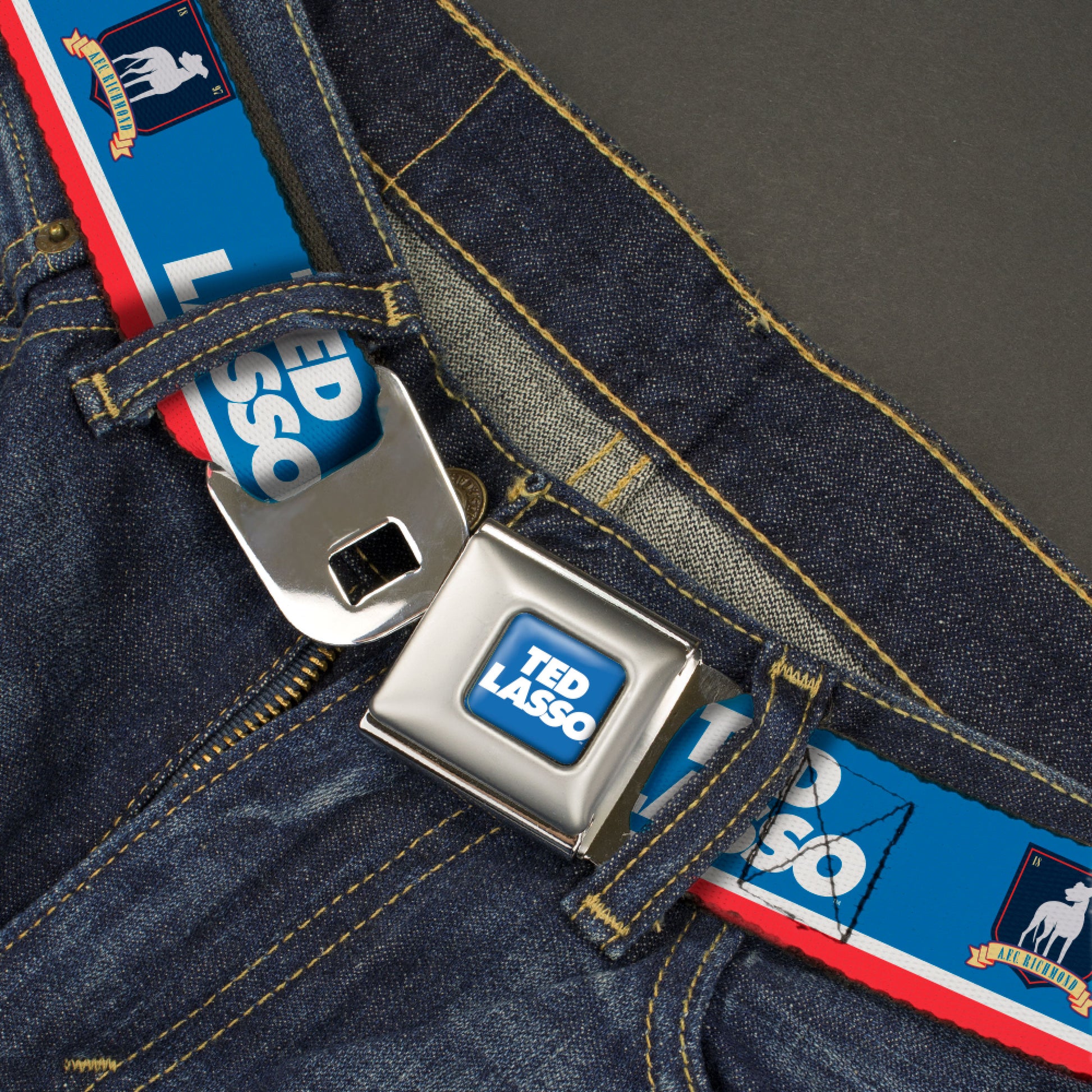 TED LASSO Title Logo Full Color Blue/White Seatbelt Belt - TED LASSO and AFC Richmond Logo Blues/White/Red Webbing Seatbelt Belts Ted Lasso