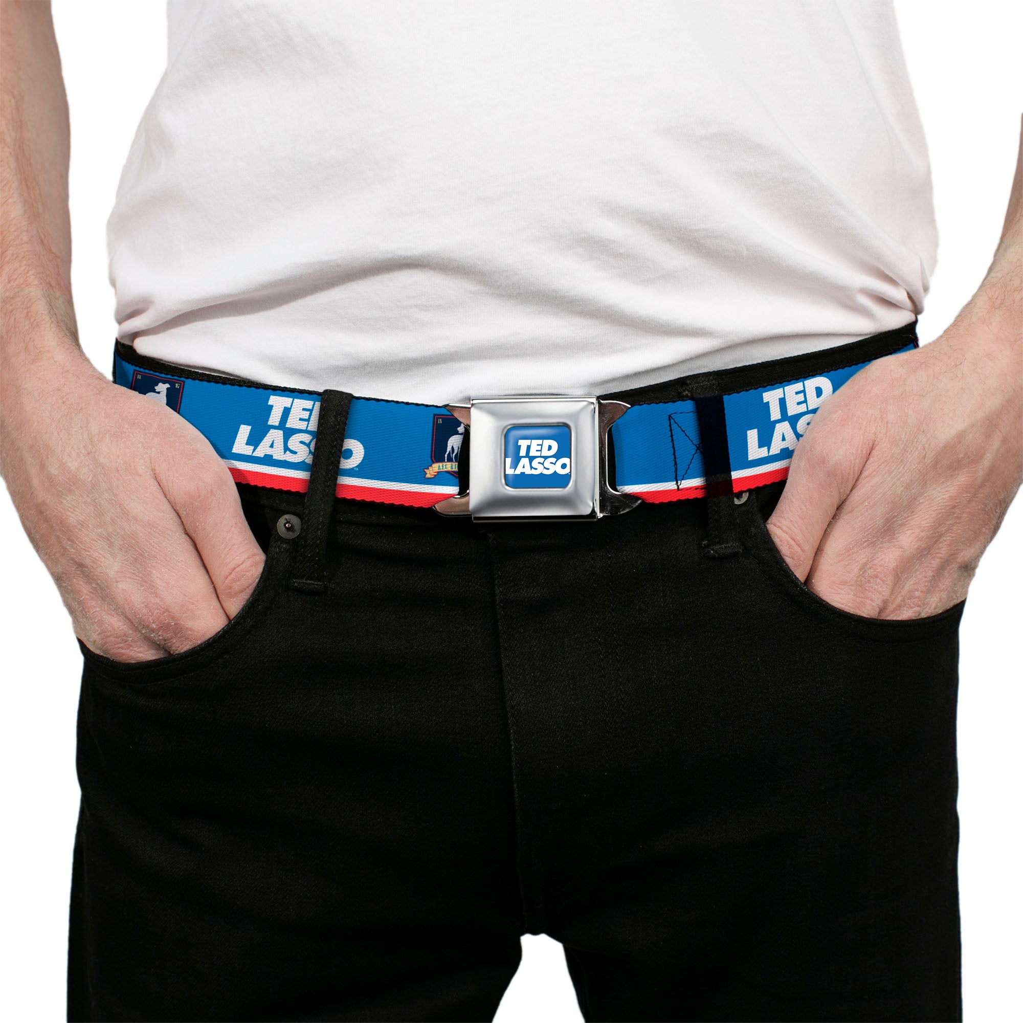 TED LASSO Title Logo Full Color Blue/White Seatbelt Belt - TED LASSO and AFC Richmond Logo Blues/White/Red Webbing Seatbelt Belts Ted Lasso