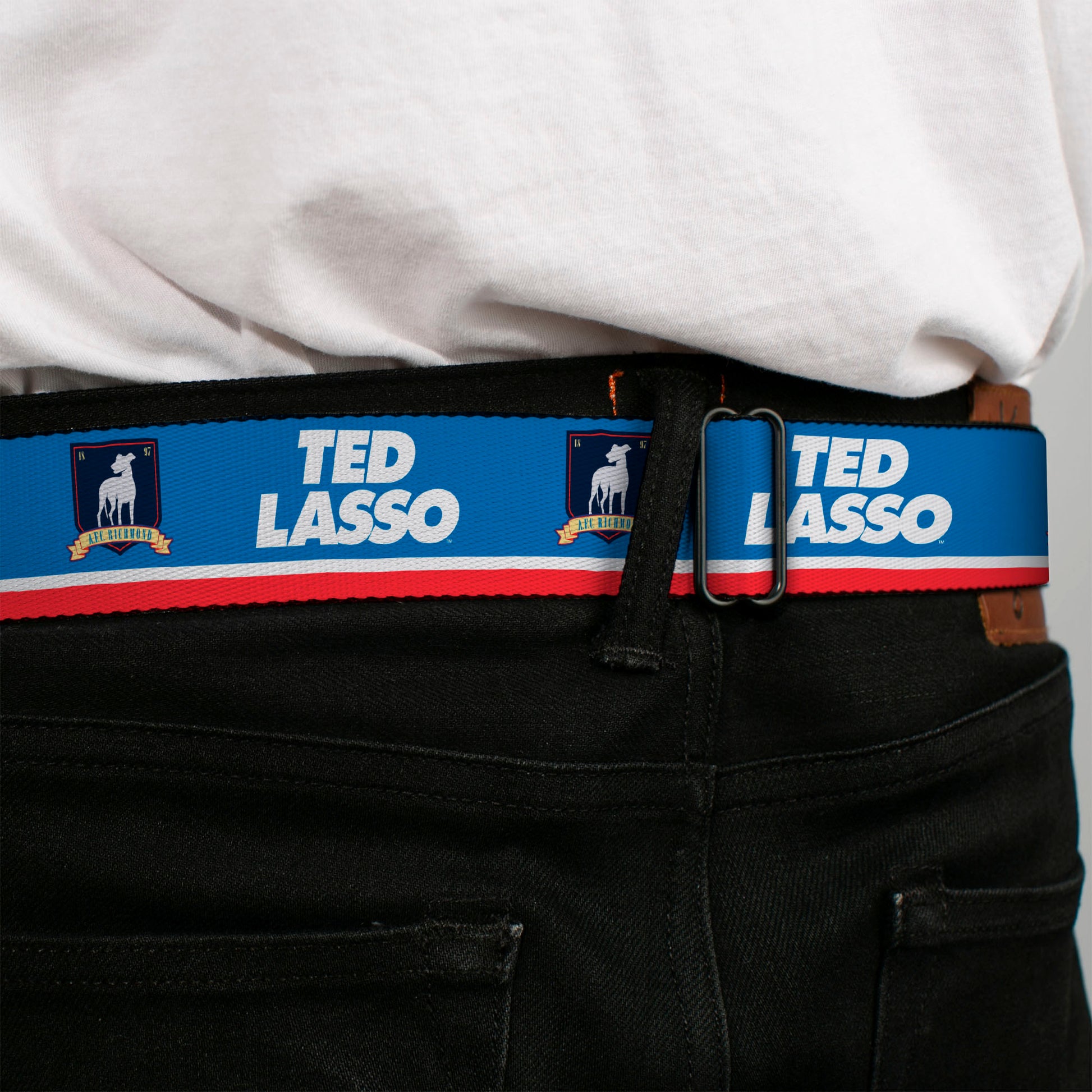 TED LASSO Title Logo Full Color Blue/White Seatbelt Belt - TED LASSO and AFC Richmond Logo Blues/White/Red Webbing Seatbelt Belts Ted Lasso